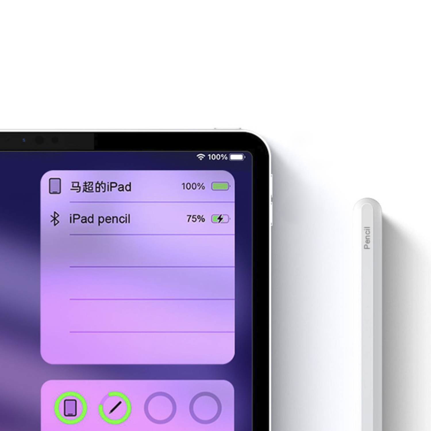 Un iPad con un iPad Pencil y porcentaje de carga en la pantalla.