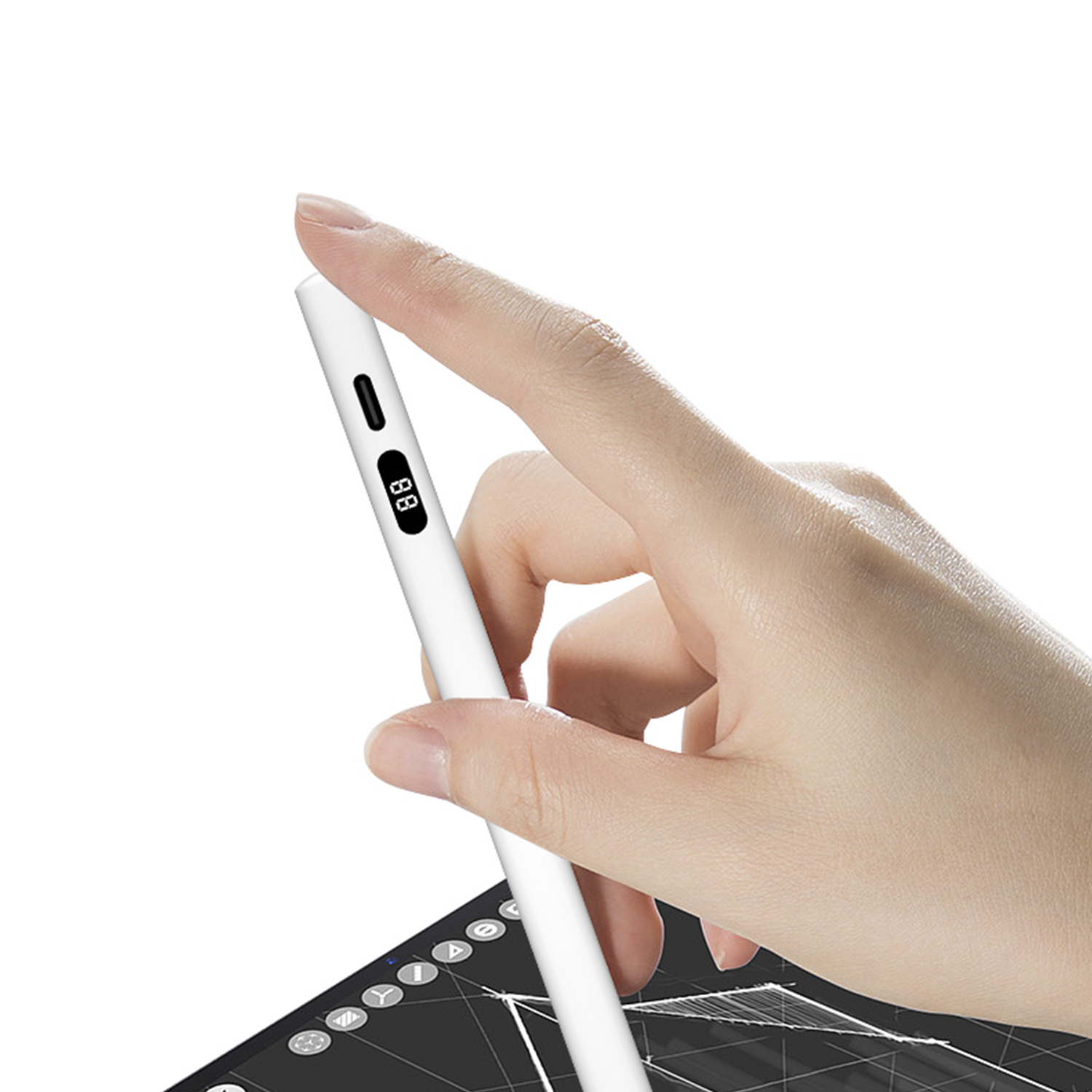 Una mano sosteniendo un bolígrafo stylus blanco con una pequeña pantalla digital que muestra '88'.