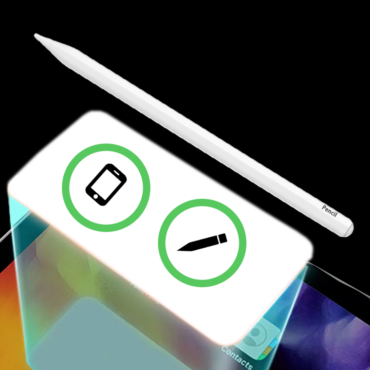 Ein weißer Bleistift und eine weiße Karte mit Telefon- und Bleistiftsymbolen.