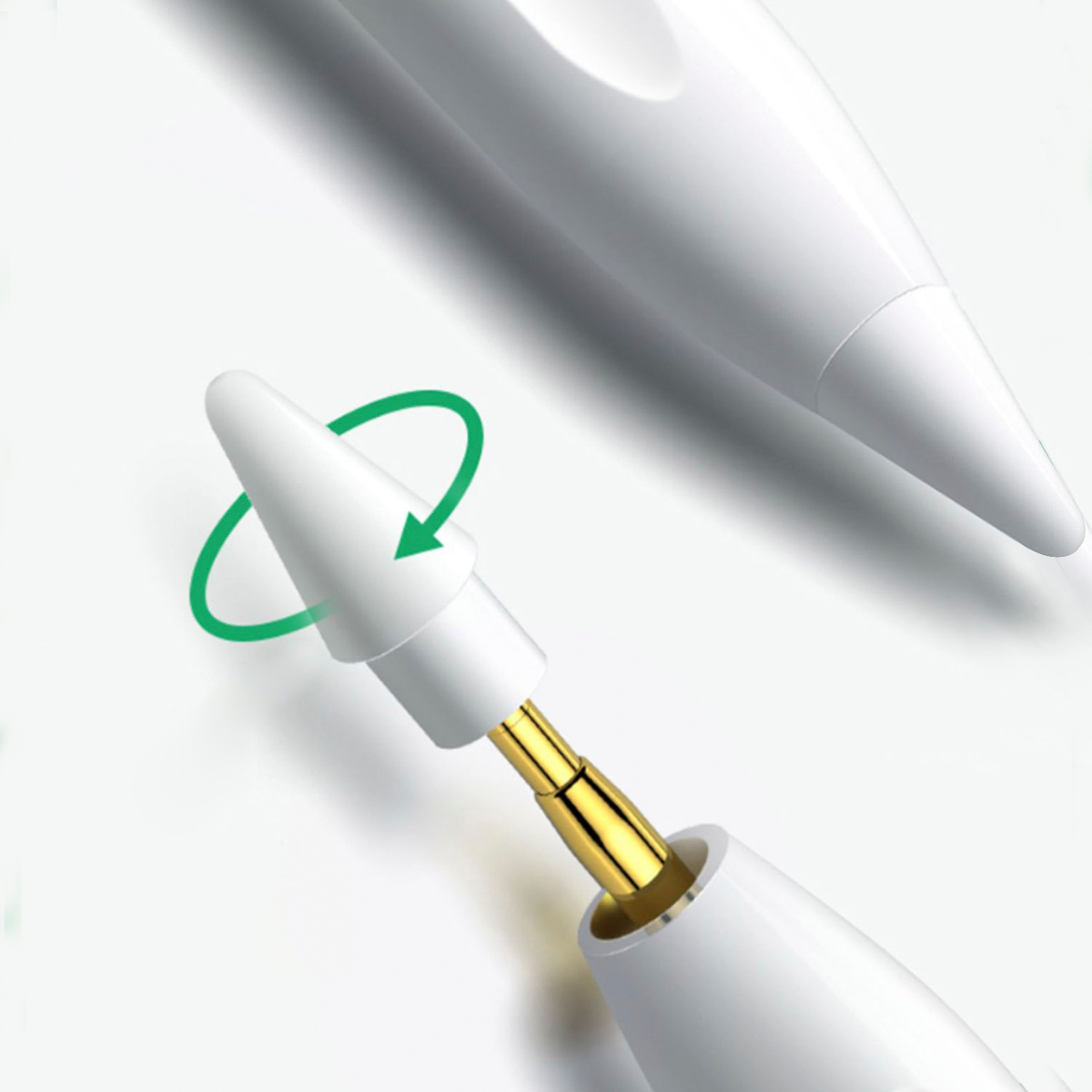 Weißer Apple Pencil mit austauschbarer Spitze, Nahaufnahme.