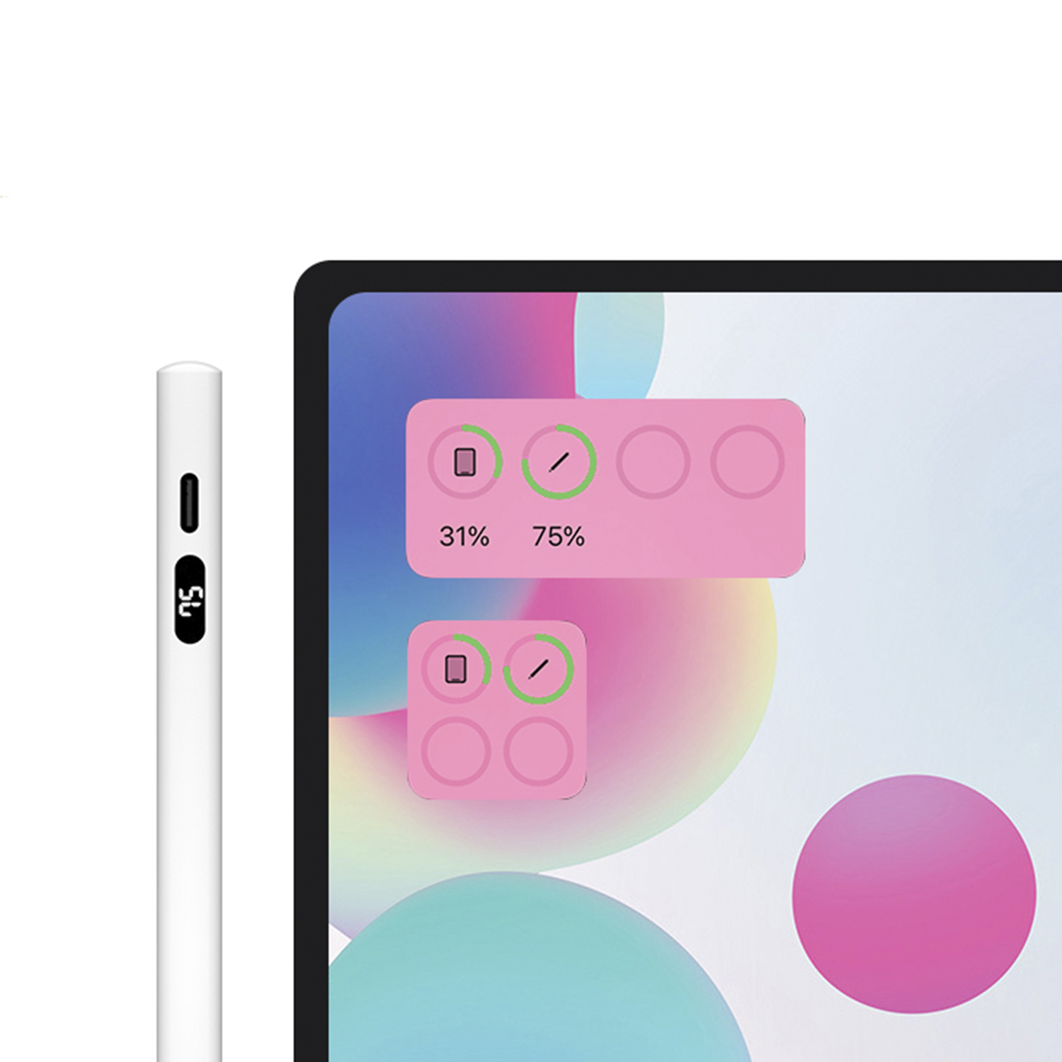 Lápiz óptico y tableta blancos, con visualizaciones de porcentaje en una superposición rosa.