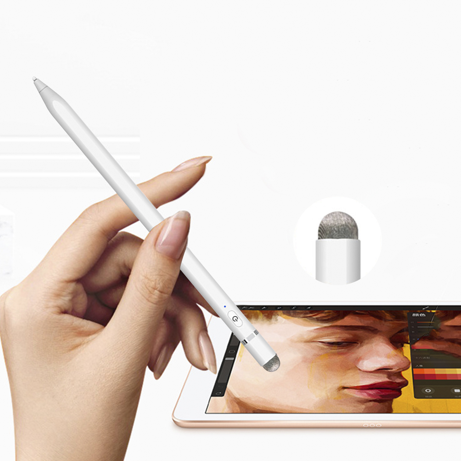 Eine Hand, die einen weißen Stift hält. Daneben eine Nahaufnahme der Spitze und ein Tablet-Bildschirm.