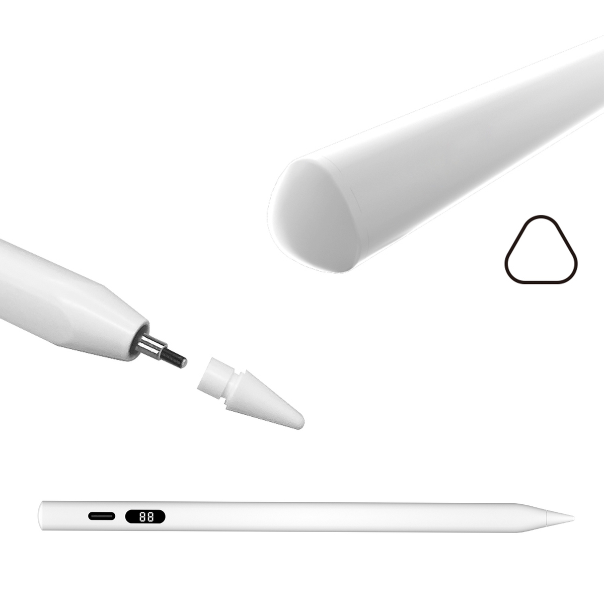 Apple Pencil blanco con punta desmontable, una punta de repuesto y un indicador que muestra '88'.