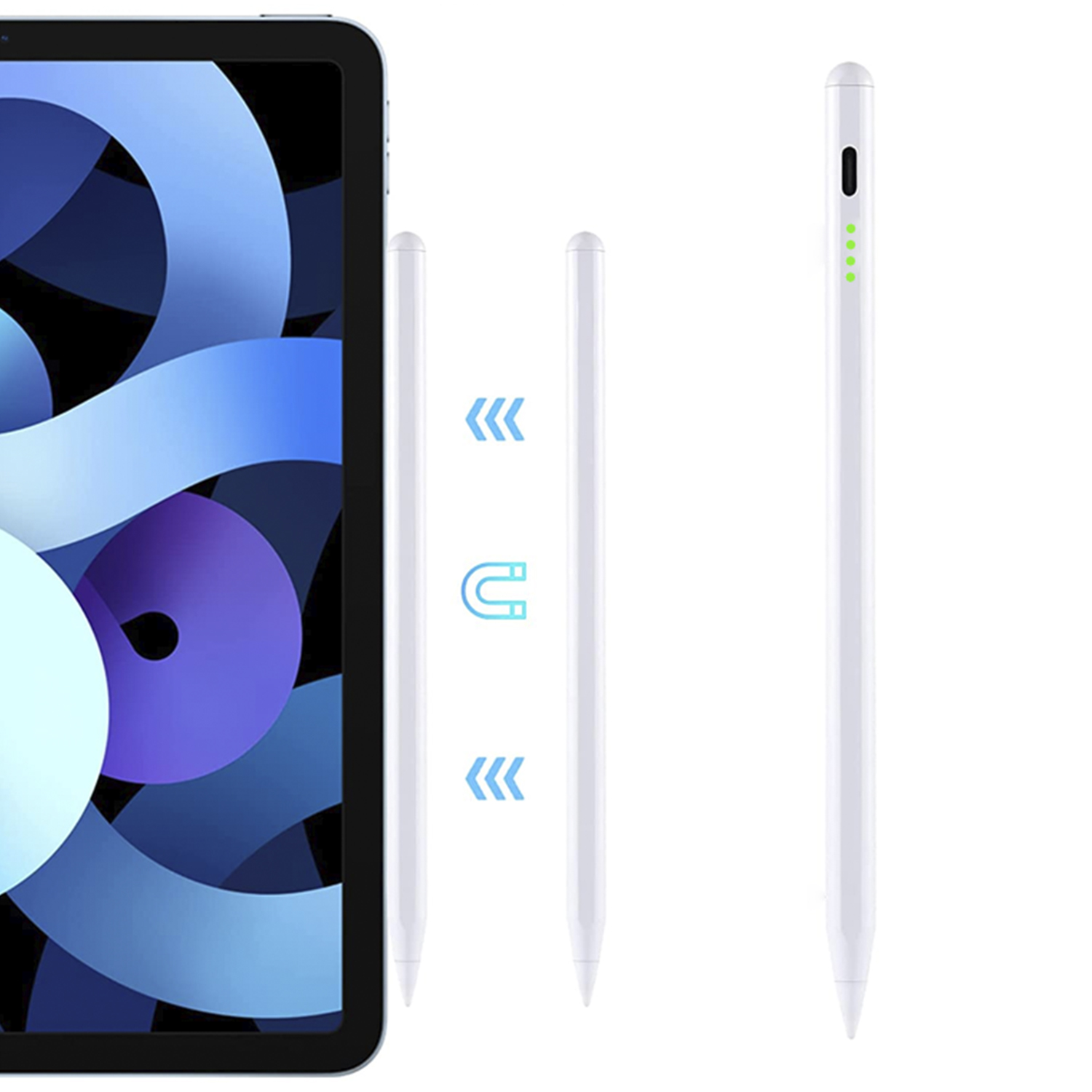 Drei weiße Stifte und ein Tablet. Stifte haben schwarze Spitzen. Tablet ist schwarz mit weißem Rand.