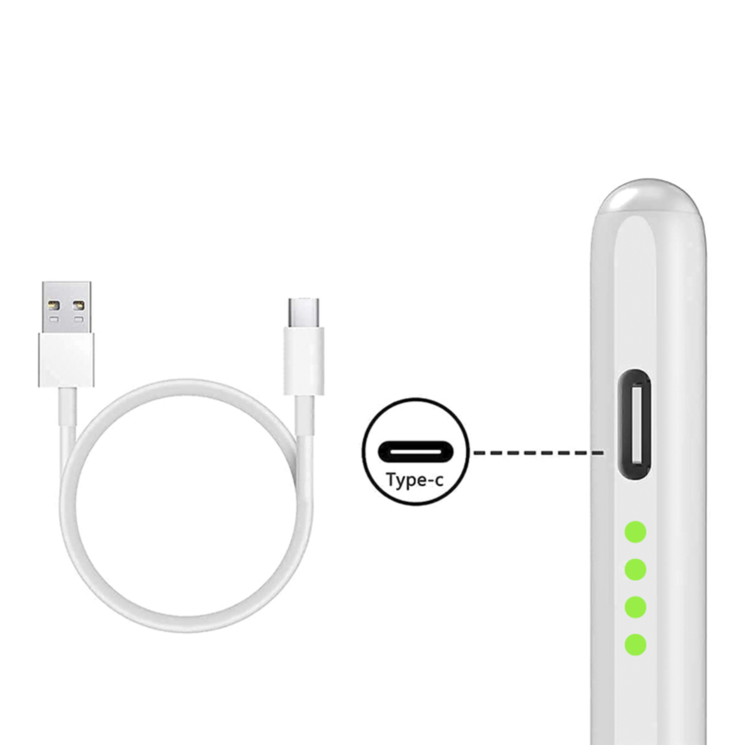 Weißes Ladekabel und Stylus-Stift. Type-C-Anschluss hervorgehoben, mit grünen Ladeanzeigen.