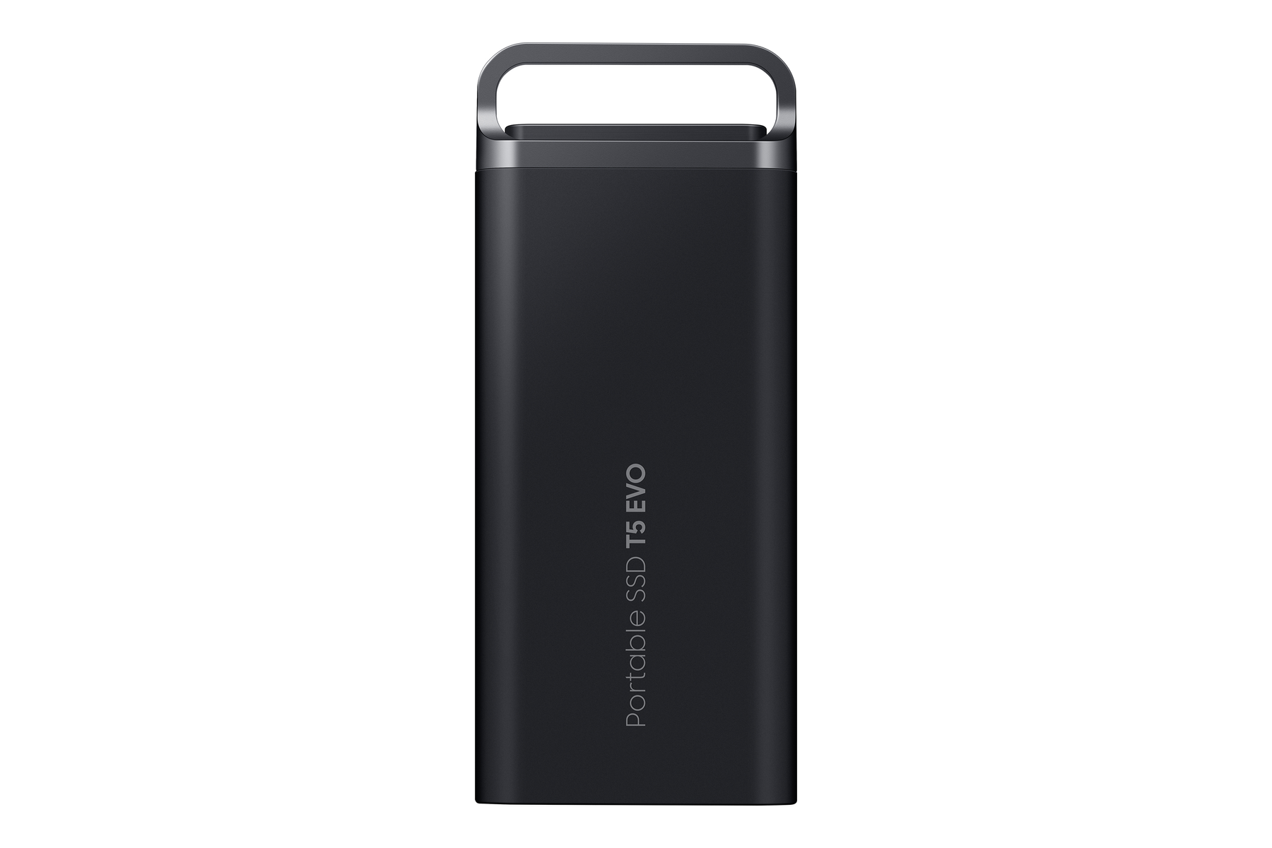 SSD portable T5 EVO noire, rectangulaire, avec une poignée. Fond blanc.