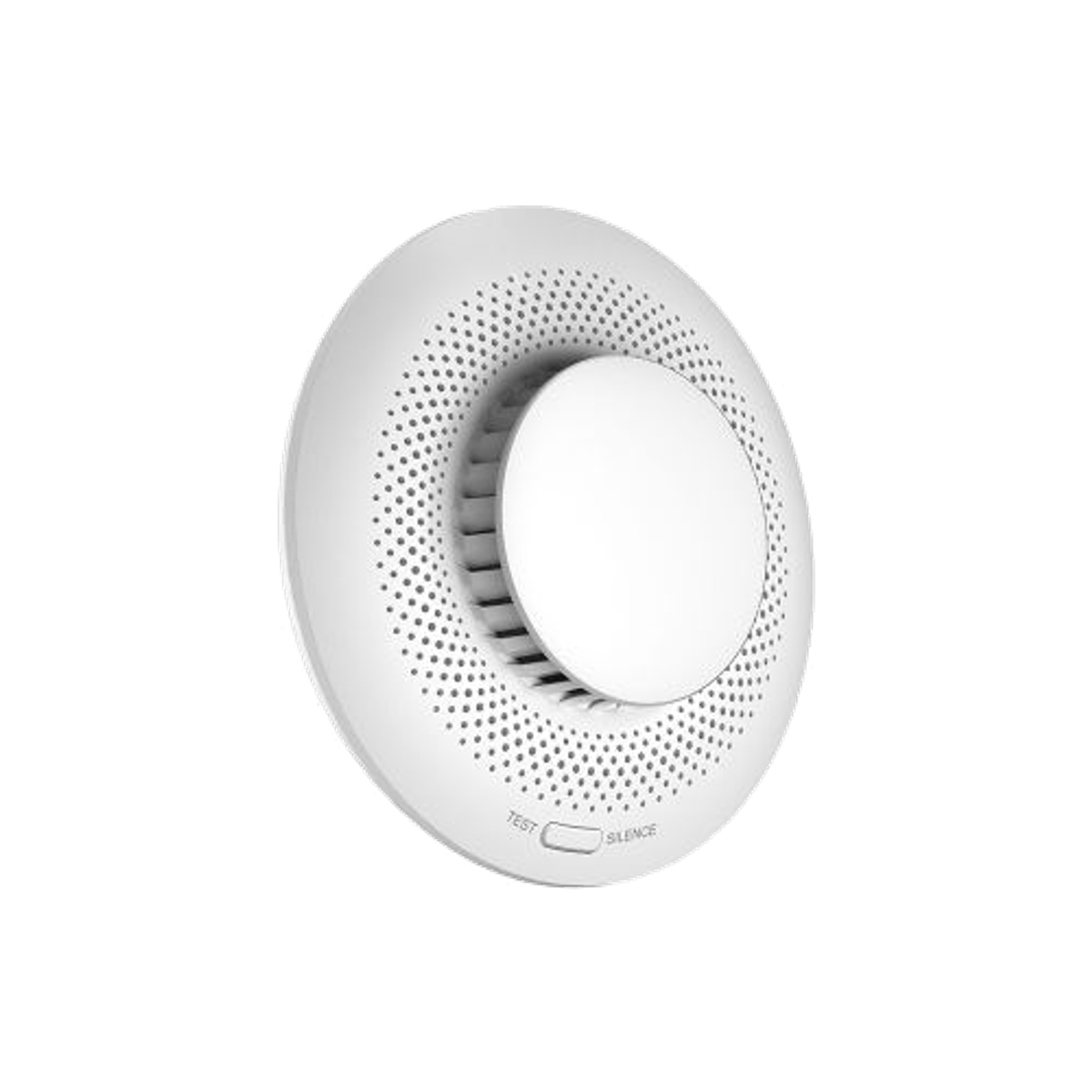 Biały czujnik dymu. Ma okrągły kształt z centralnym przyciskiem i małymi otworami.