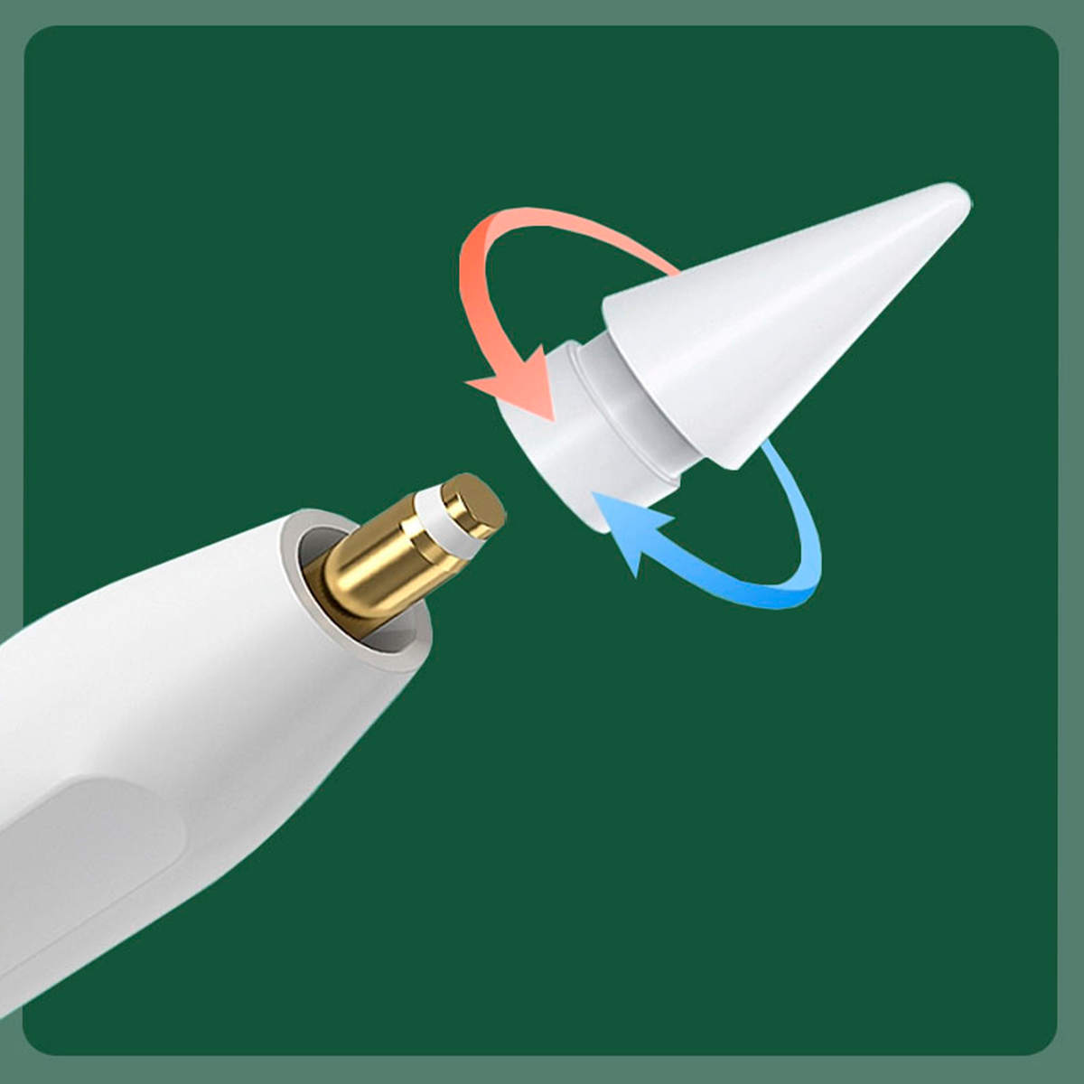 Weiße Apple Pencil Spitze wird abgenommen. Pfeile zeigen die Abschraubbewegung auf grünem Hintergrund.