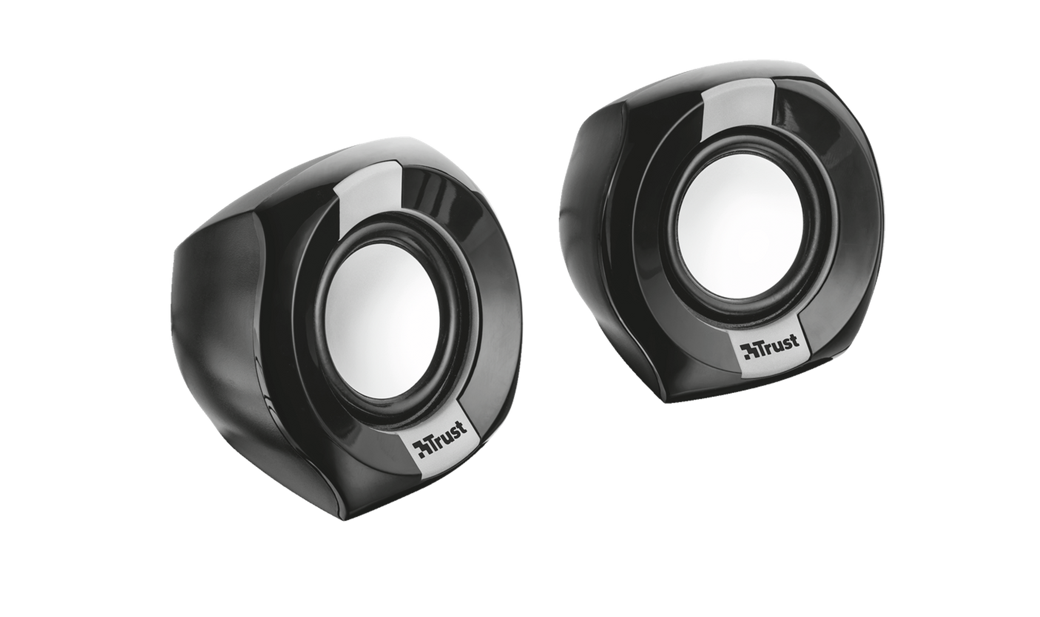 Para czarnych głośników w kształcie kuli. Srebrne akcenty i słowo TRUST widoczne na każdym głośniku.