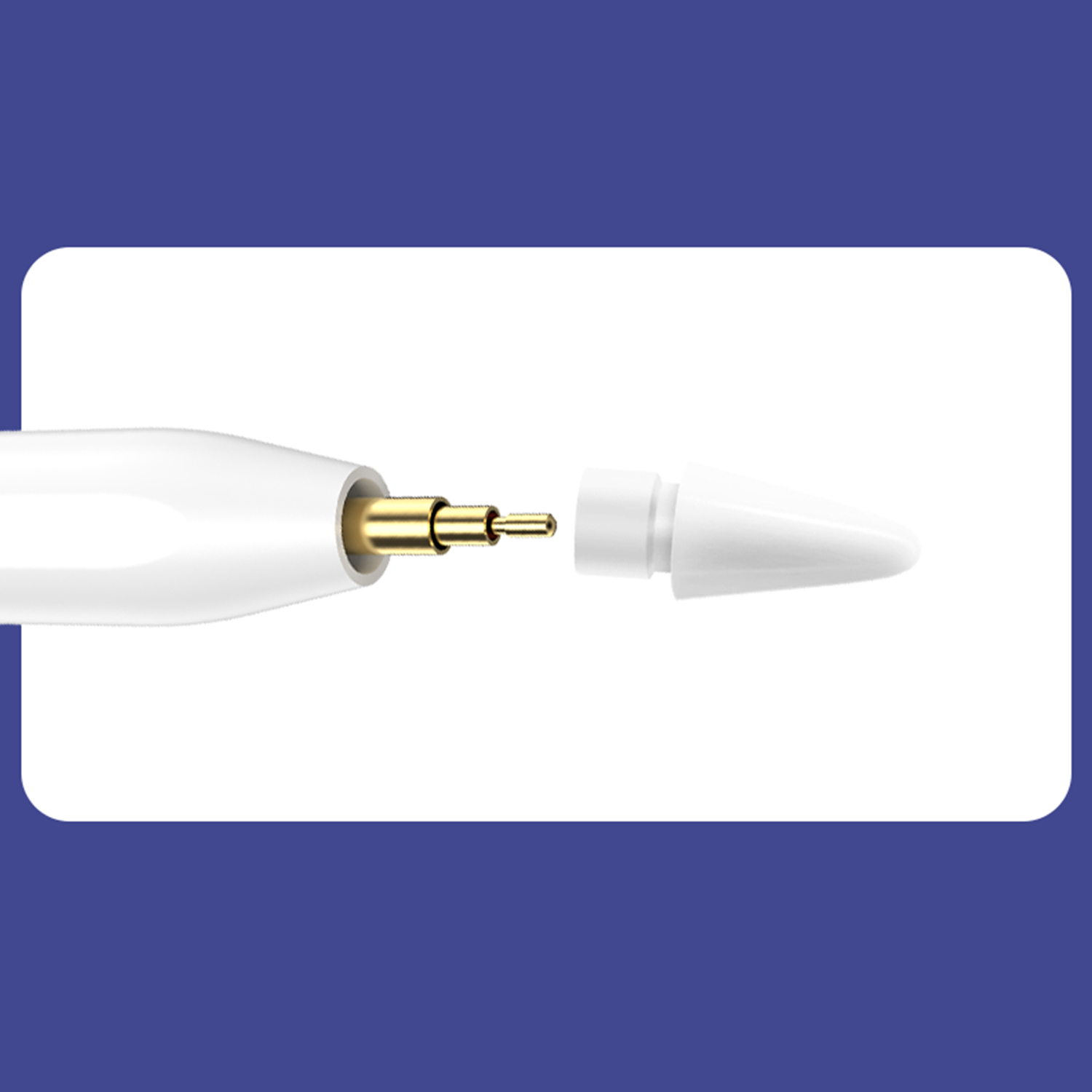 Weißer Apple Pencil mit abgeschraubter Spitze, der einen goldenen Anschluss zeigt.