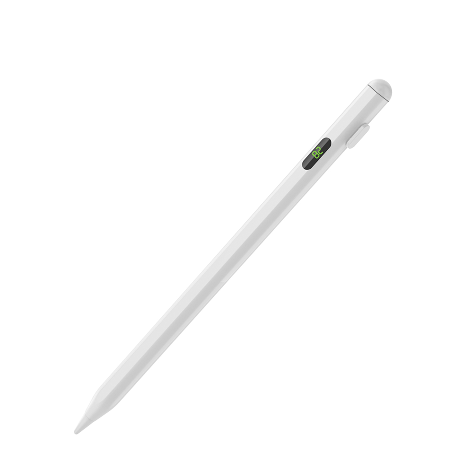 Weißer Stylus-Stift. Minimalistisches Design. Digitales Display sichtbar mit etwas Text.