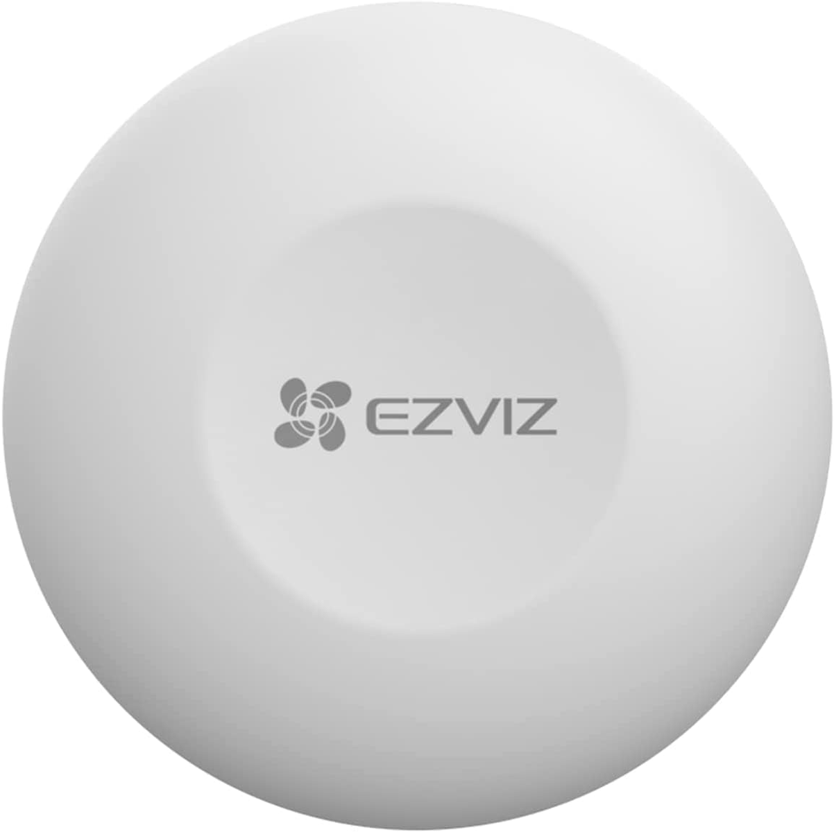 Appareil EZVIZ rond blanc. Le logo EZVIZ est au centre. Fond blanc uni.