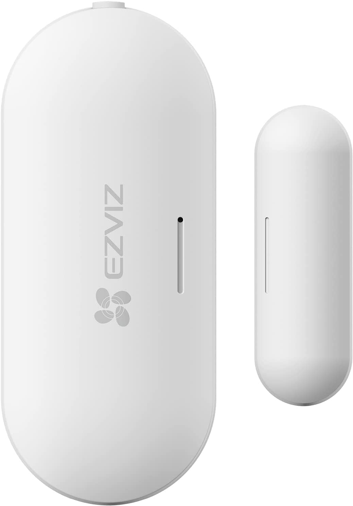Dispositif de sécurité EZVIZ blanc, deux pièces. Une longue, une petite. Logo de la marque sur la pièce longue.