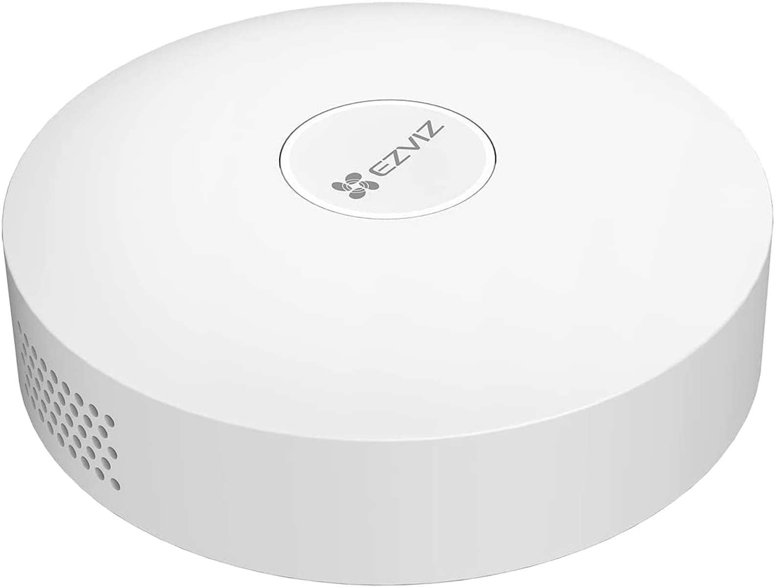 Caméra de sécurité EZVIZ blanche, circulaire, avec logo et trous de ventilation, fond blanc.