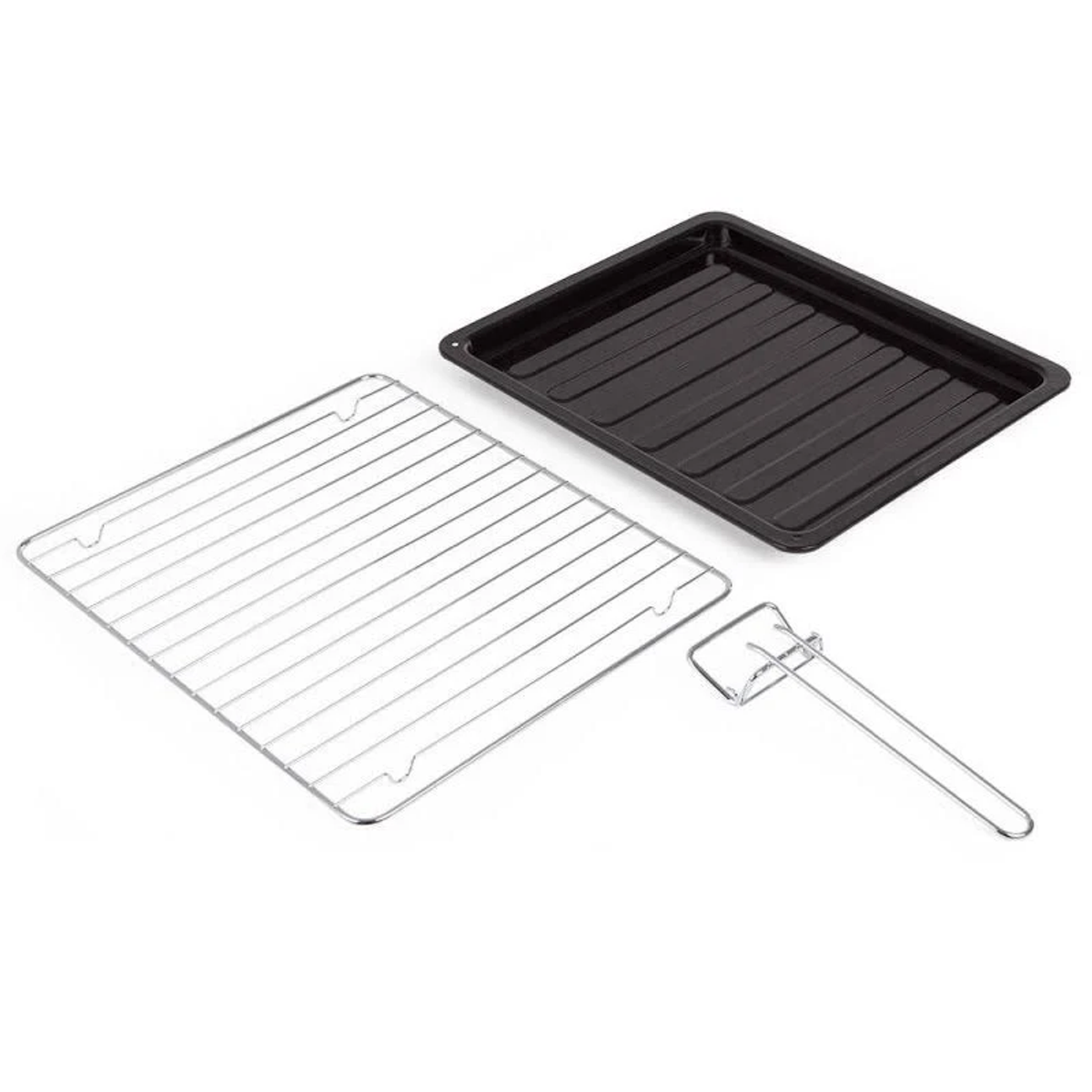 Accesorios de horno: una rejilla, una bandeja negra y un mango, sobre fondo blanco.