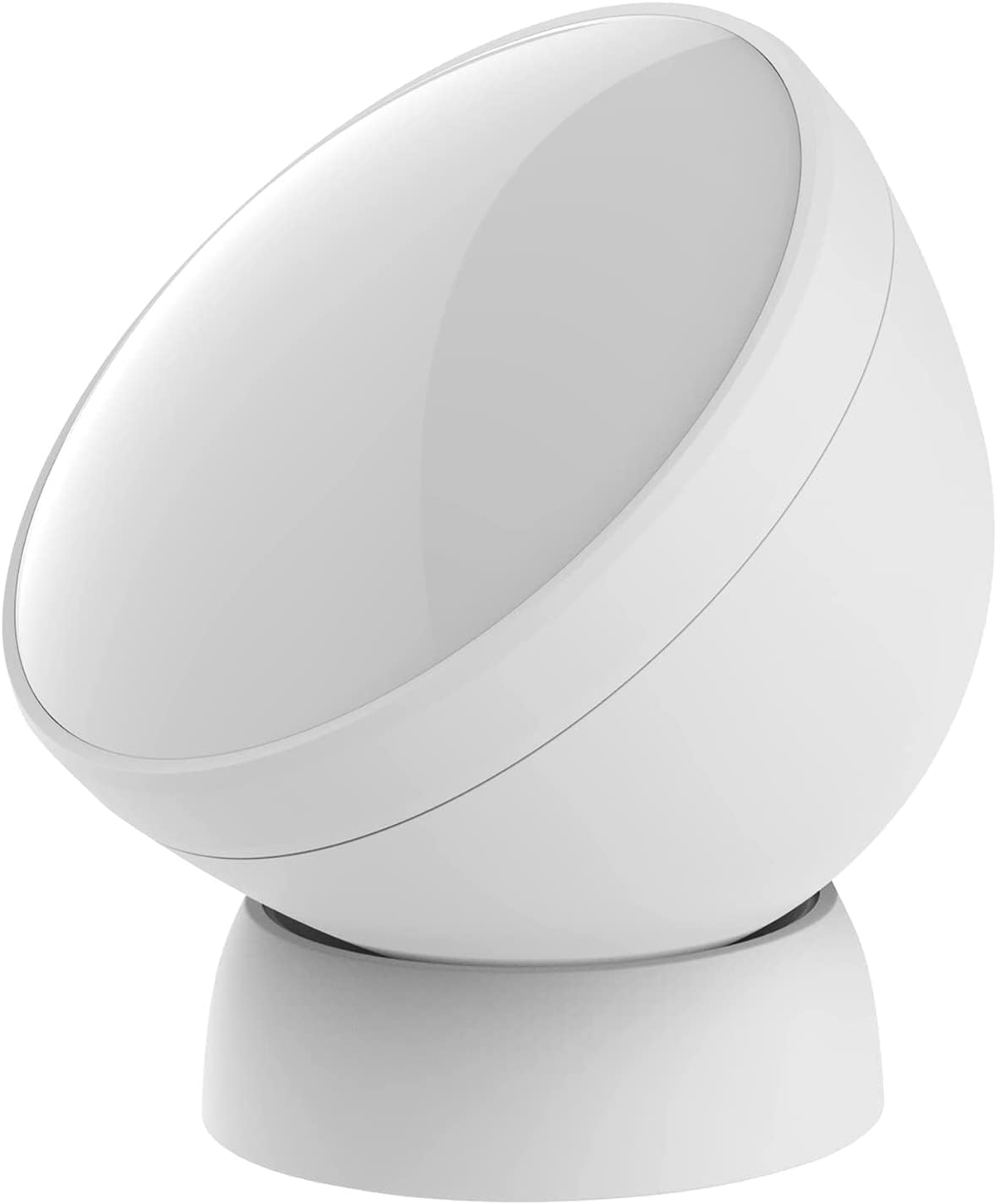 Lampe blanche, ovale, inclinée sur socle, haut brillant, surface lisse, fond blanc.