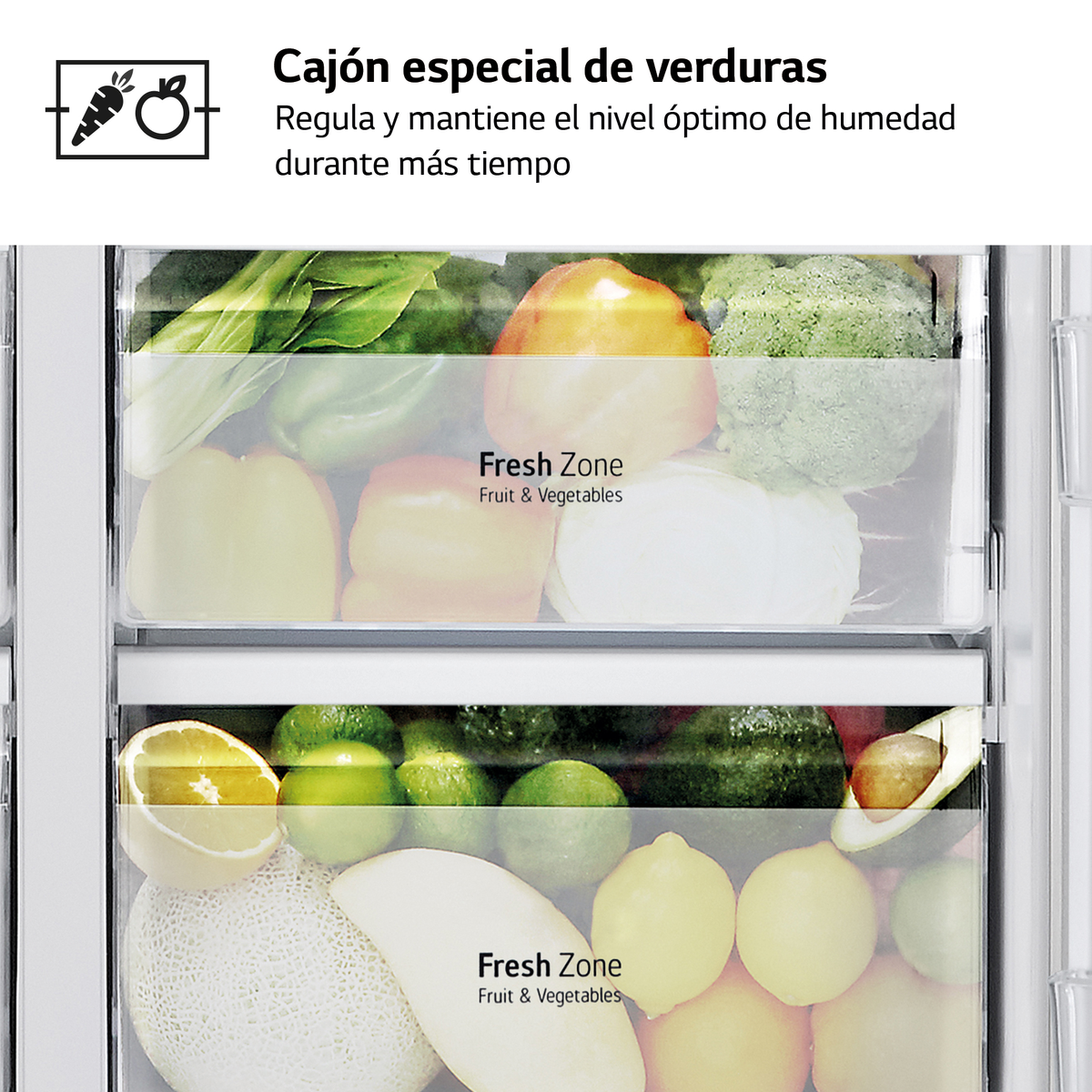 Kühlschrankinnenraum: Fresh Zone Schubladen mit Obst und Gemüse. Klare Schubladen, geordneter Inhalt.