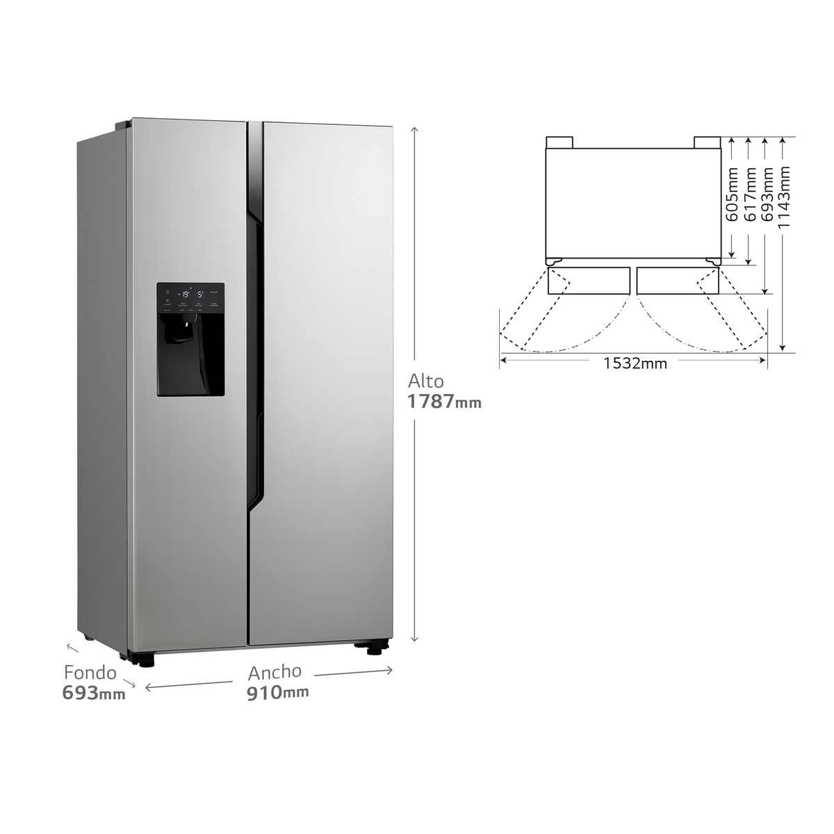 Silberfarbener Side-by-Side-Kühlschrank mit Maßangaben, weißer Hintergrund.
