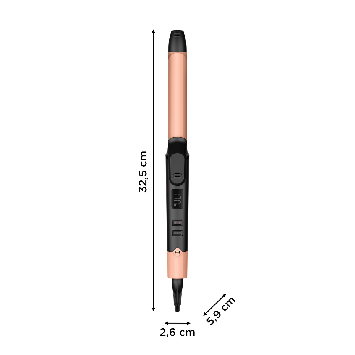 Rizador oro rosa con medidas en la imagen. Largo 32,5 cm, ancho 2,6 cm, 5,9 cm.