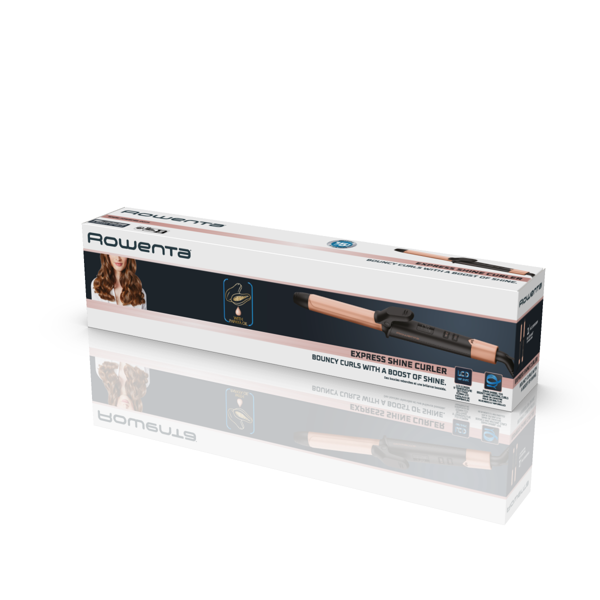 Dos cajas de rizadores Rowenta, mostrando una imagen del cabello rizado de una mujer.