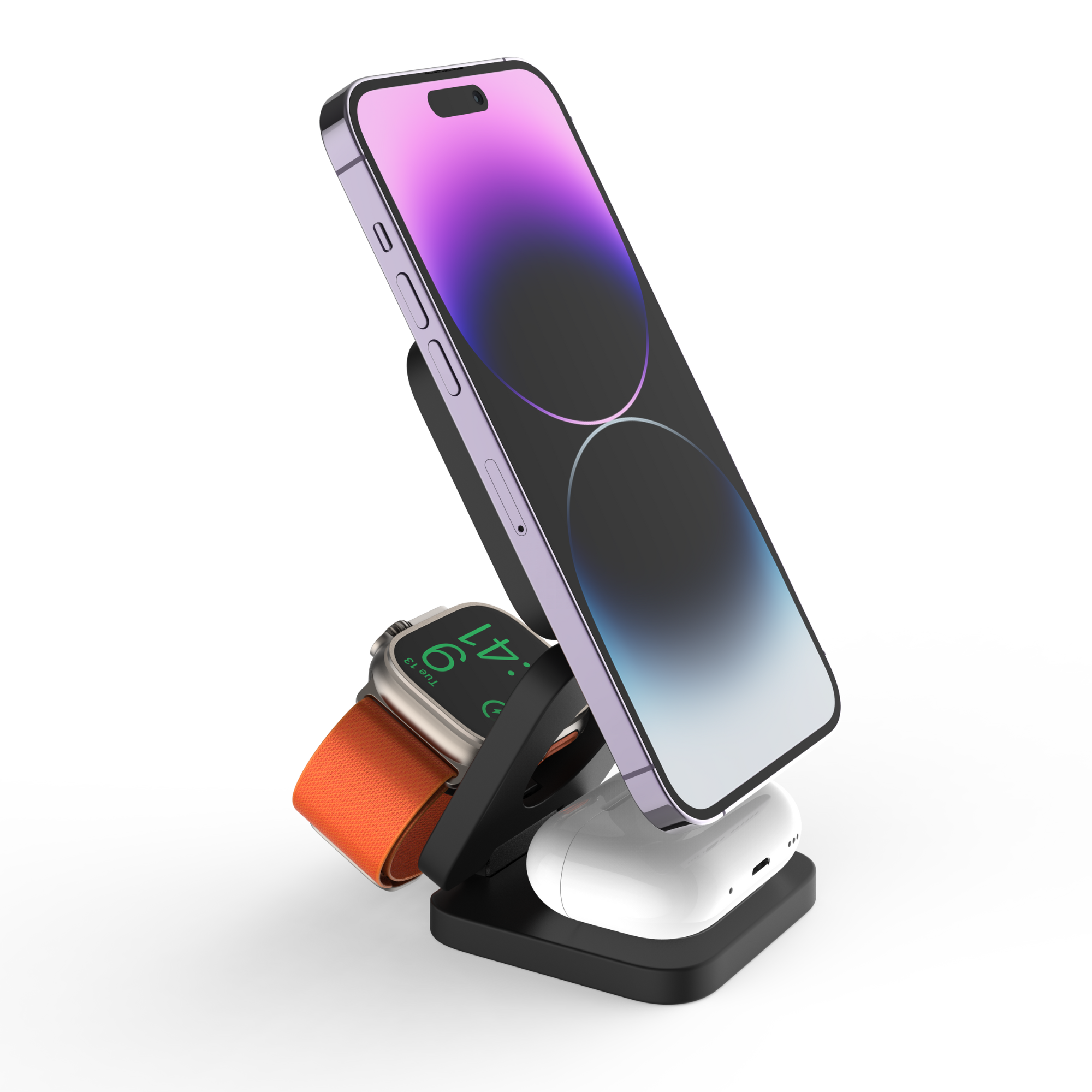 Ein Telefon, eine Smartwatch und Ohrhörer auf einem schwarzen Ständer vor weißem Hintergrund.