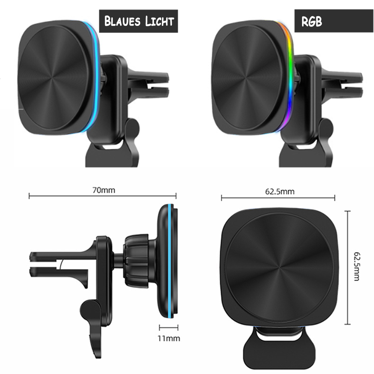 Zwei Autotelefonhalter mit schwarzen Gehäusen und kreisförmigen Köpfen, einer mit blauem, der andere mit RGB-Licht.