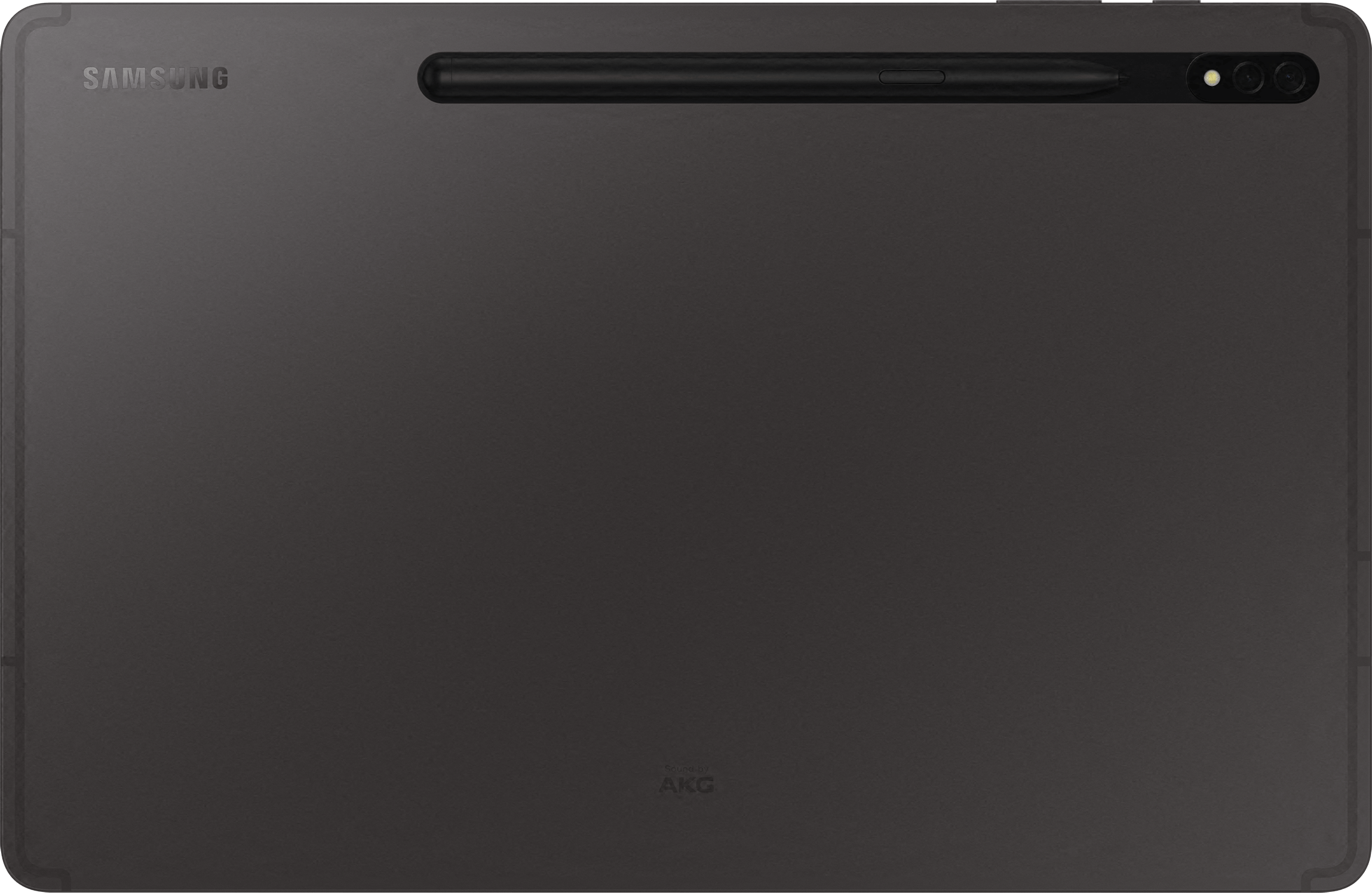 Dunkelgraues Samsung Tablet, Rückansicht, mit Stift oben und Kameraanordnung.