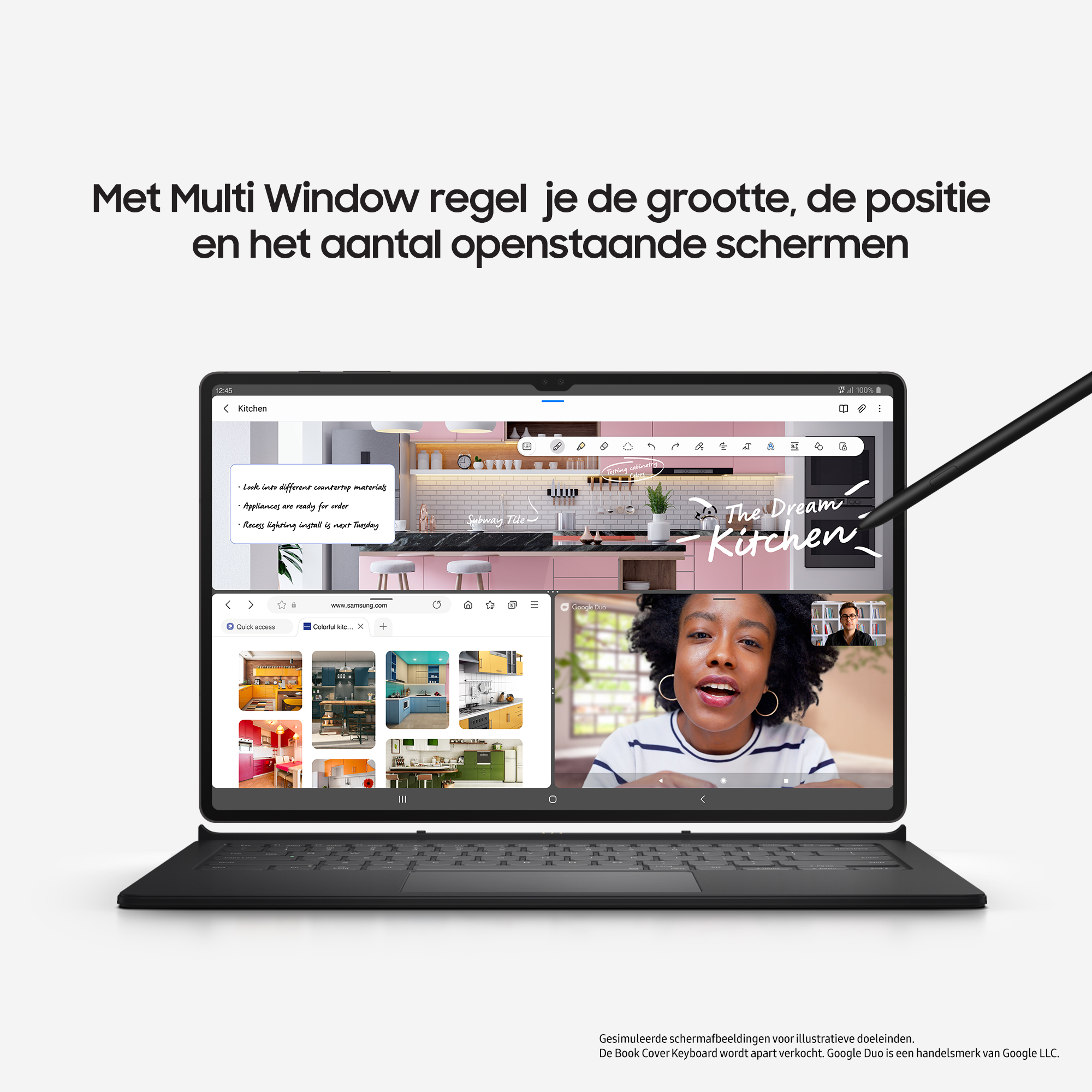 Ein Tablet zeigt Multi-Window-Optionen, mit einer Frau in einem Videoanruf. Text auf Niederländisch oben.