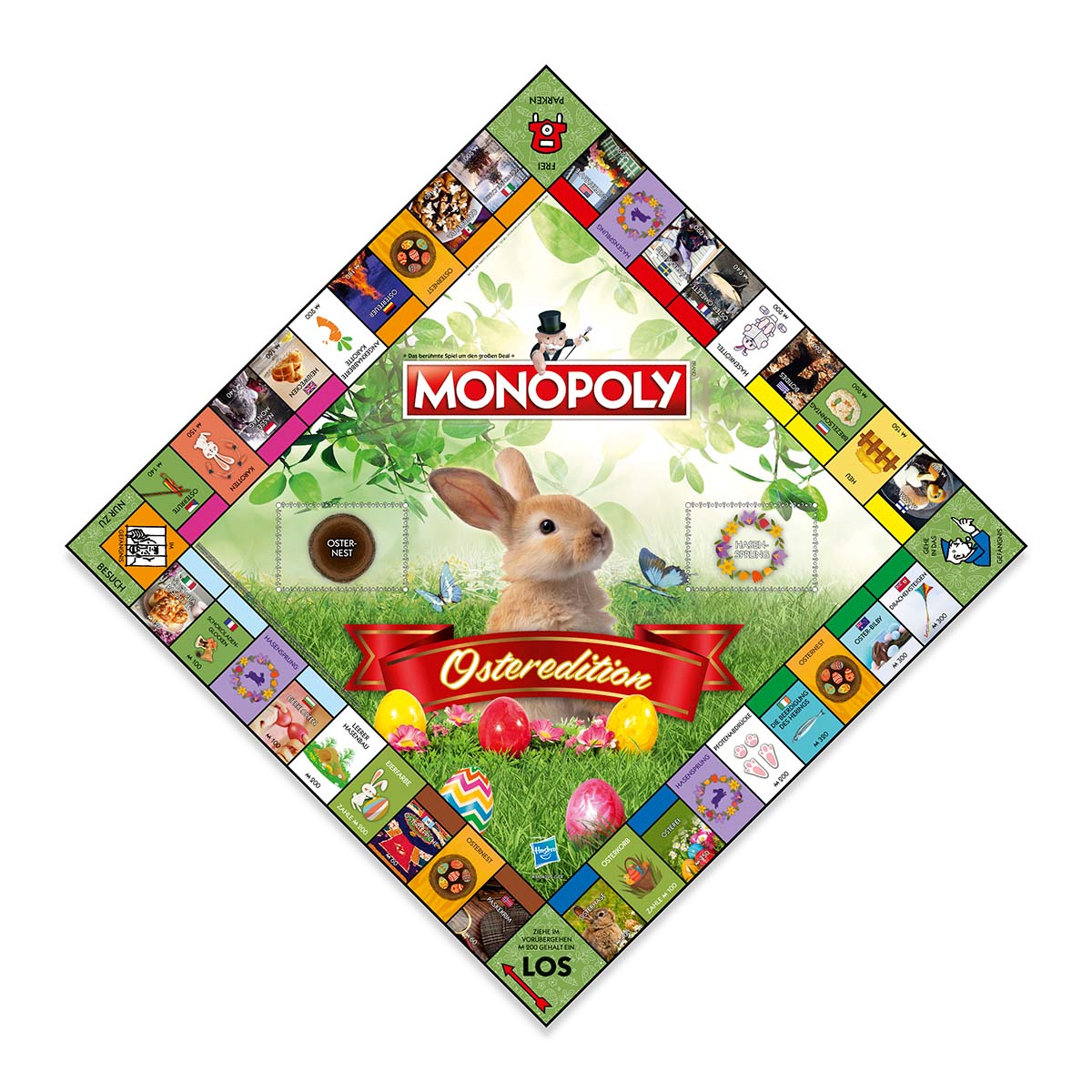 Monopoly Oster-Edition-Brett mit Hasen, Eiern und bunten Feldern.