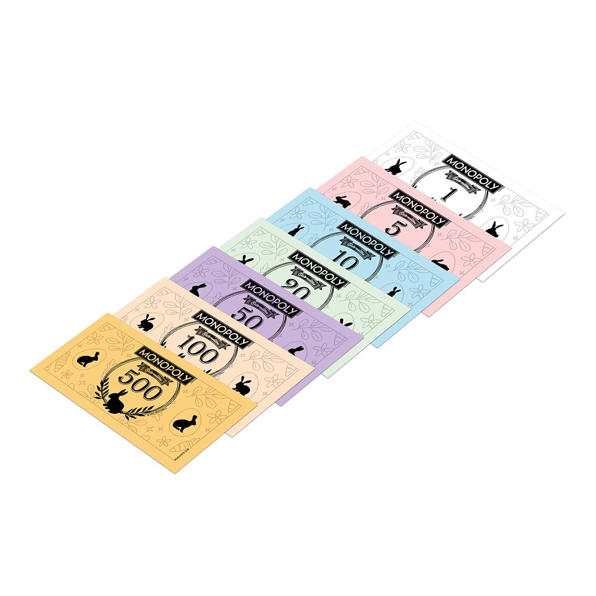 Monopoly-Geld in verschiedenen Farben. Verschiedene Stückelungen mit Hasen-Illustrationen.