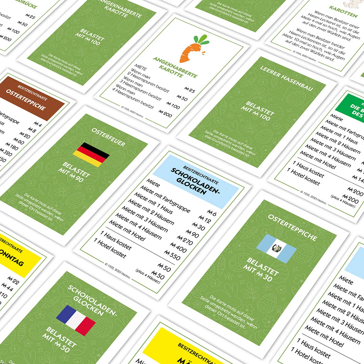 Eine Vielzahl von Karten mit Bildern und Text, wahrscheinlich aus einem Brettspiel, werden angezeigt.