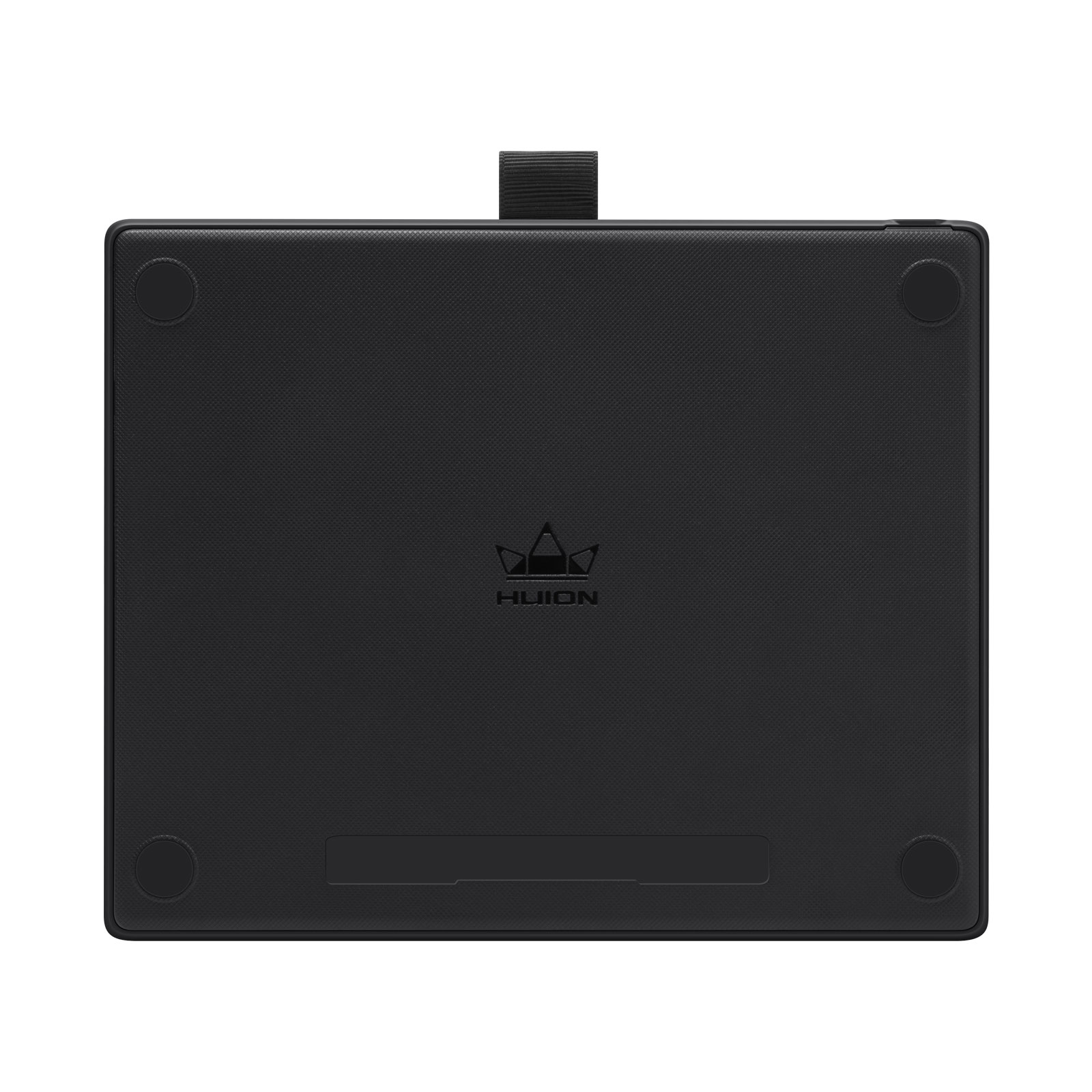 Zwarte grafische tablet, bovenaanzicht. Het heeft een gestructureerd oppervlak, vier ronde voetjes en een logo in het midden.
