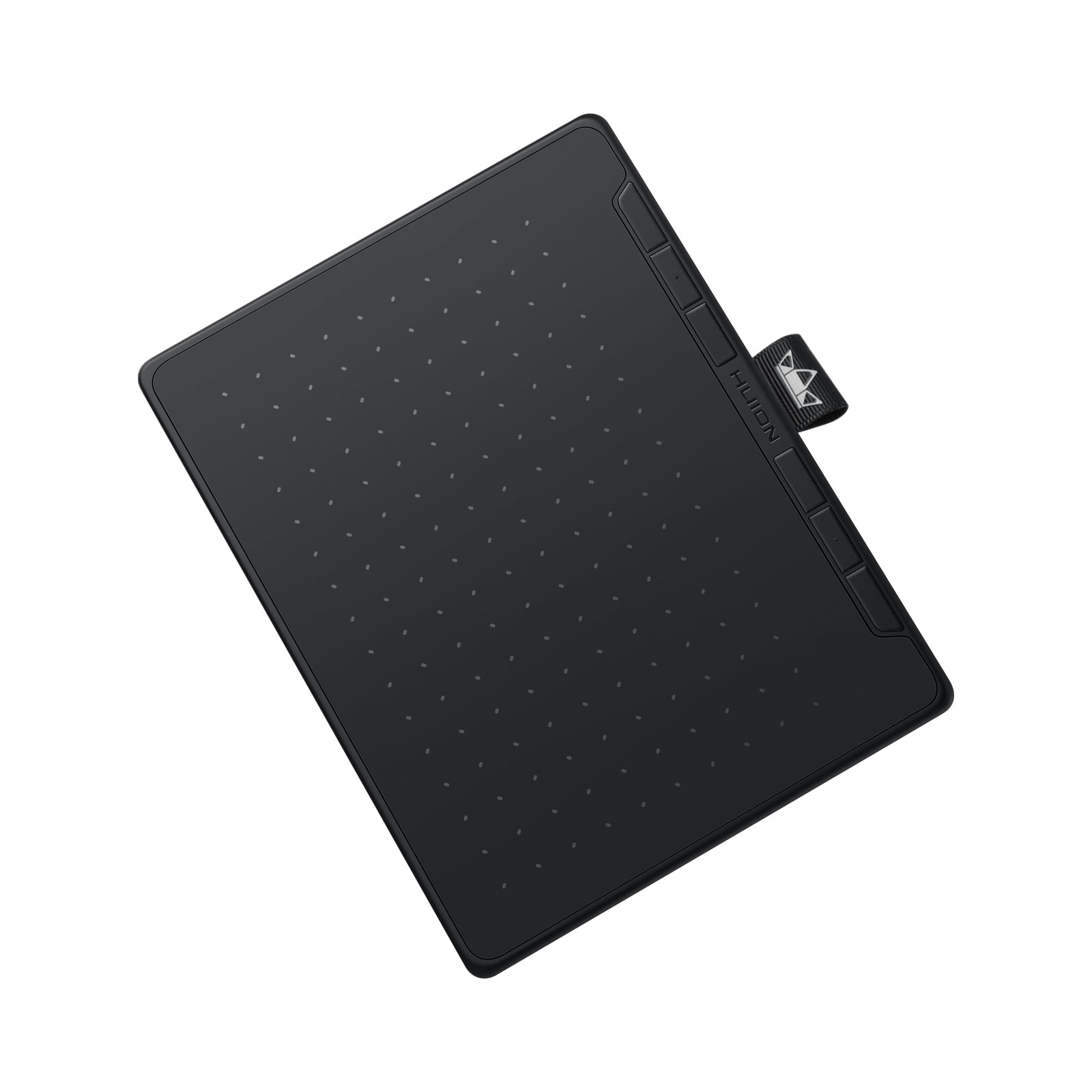 Zwarte grafische tablet onder een hoek, met een penhouder bevestigd.