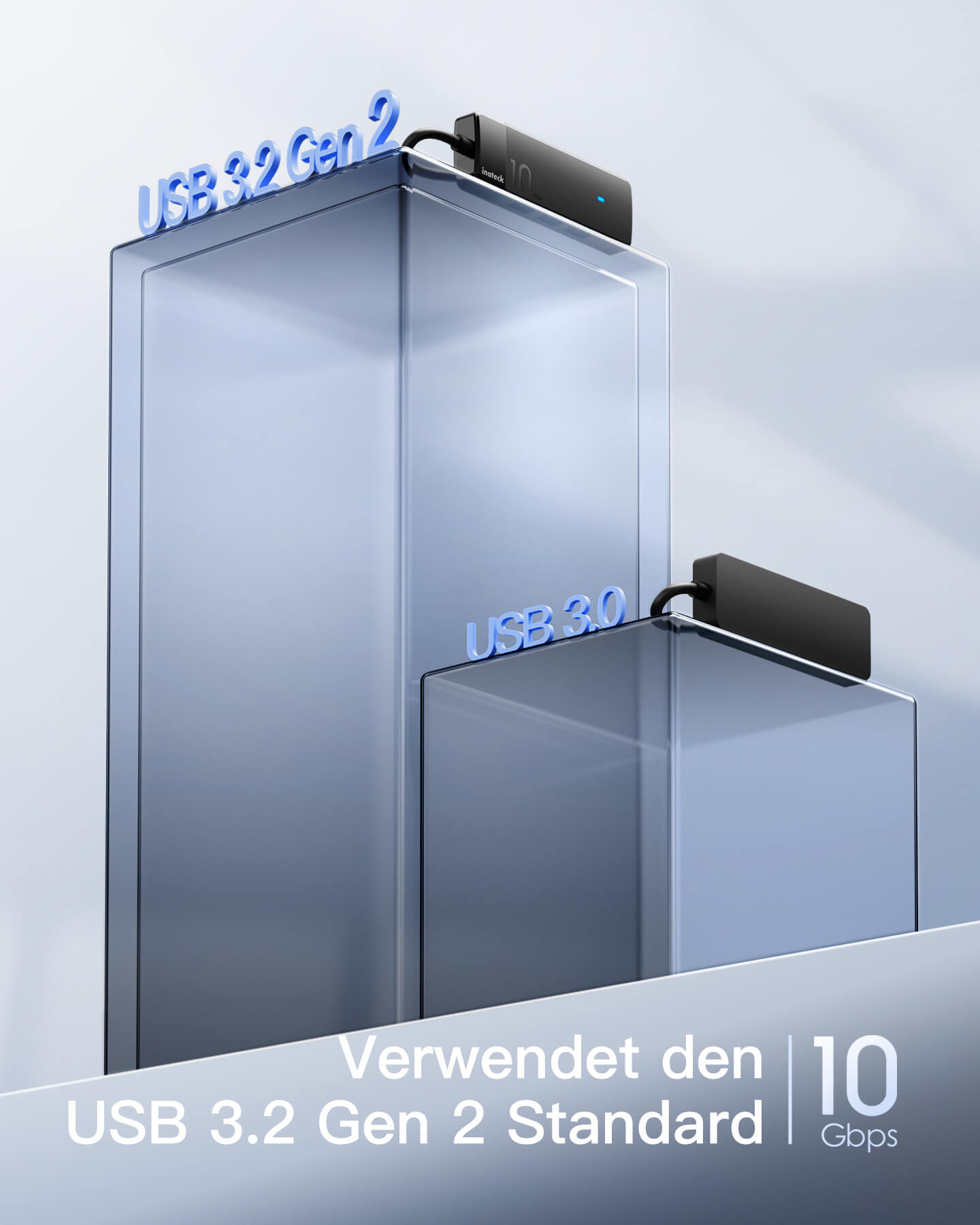 Bild zeigt zwei Glassäulen. Eine hat die Bezeichnung USB 3.2 Gen 2, die andere USB 3.0. Schwarze Blöcke sitzen oben.
