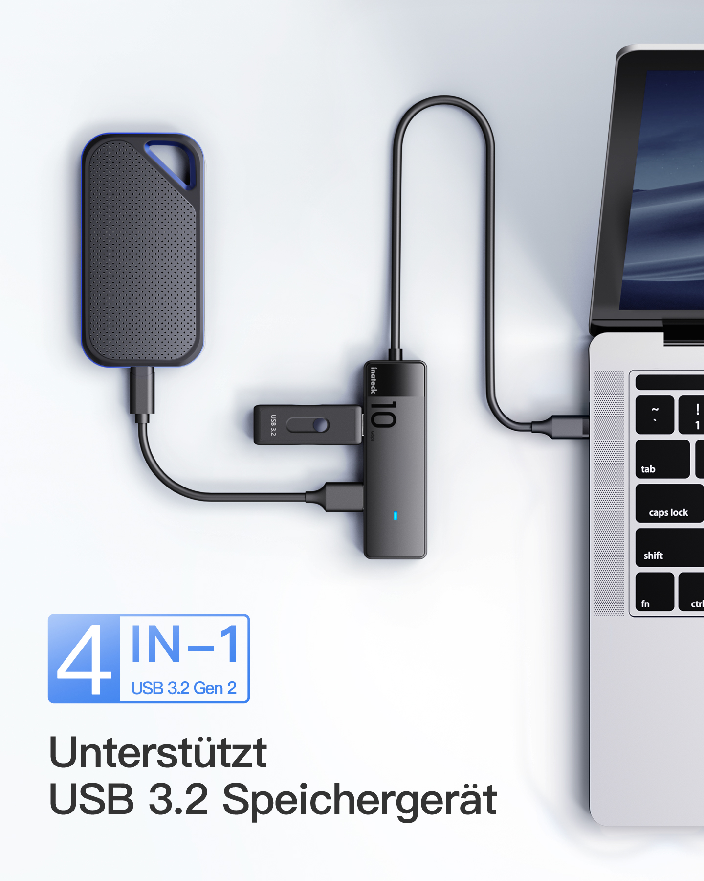 Ein USB-Hub, der an einen Laptop angeschlossen ist, mit verschiedenen USB-Geräten.
