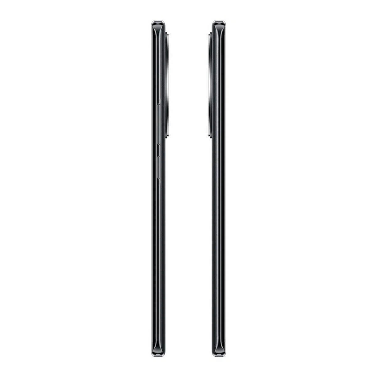 Dwa czarne smartfony, widok z boku, na białym tle.