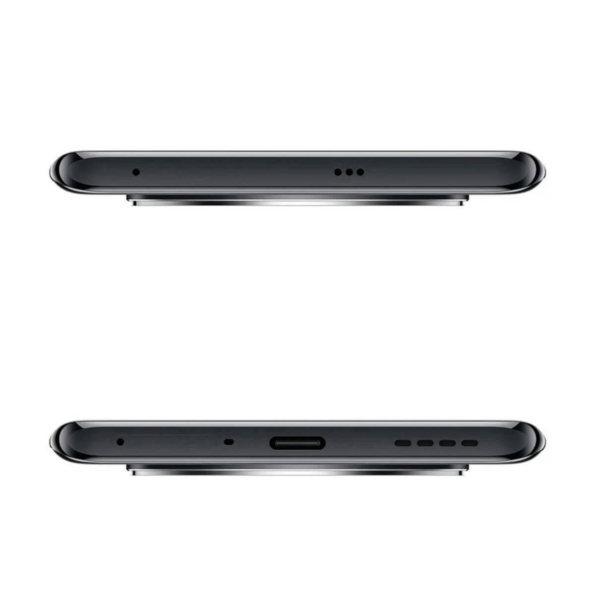 Widok z góry i z dołu czarnego smartfona z głośnikami, mikrofonami i portem USB-C na białym tle.