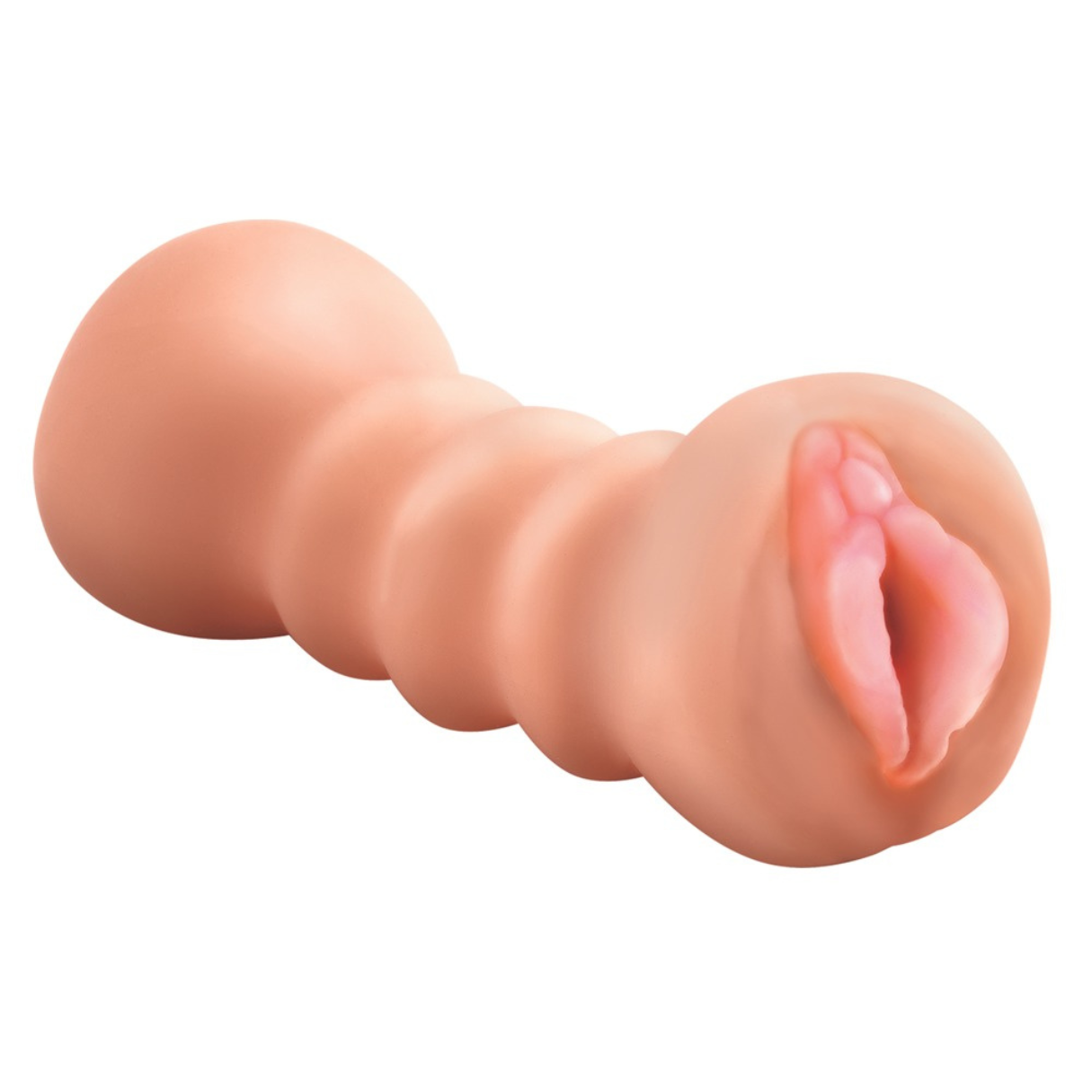 Un juguete sexual color carne con forma cilíndrica, con una abertura en un extremo con detalles internos rosas.