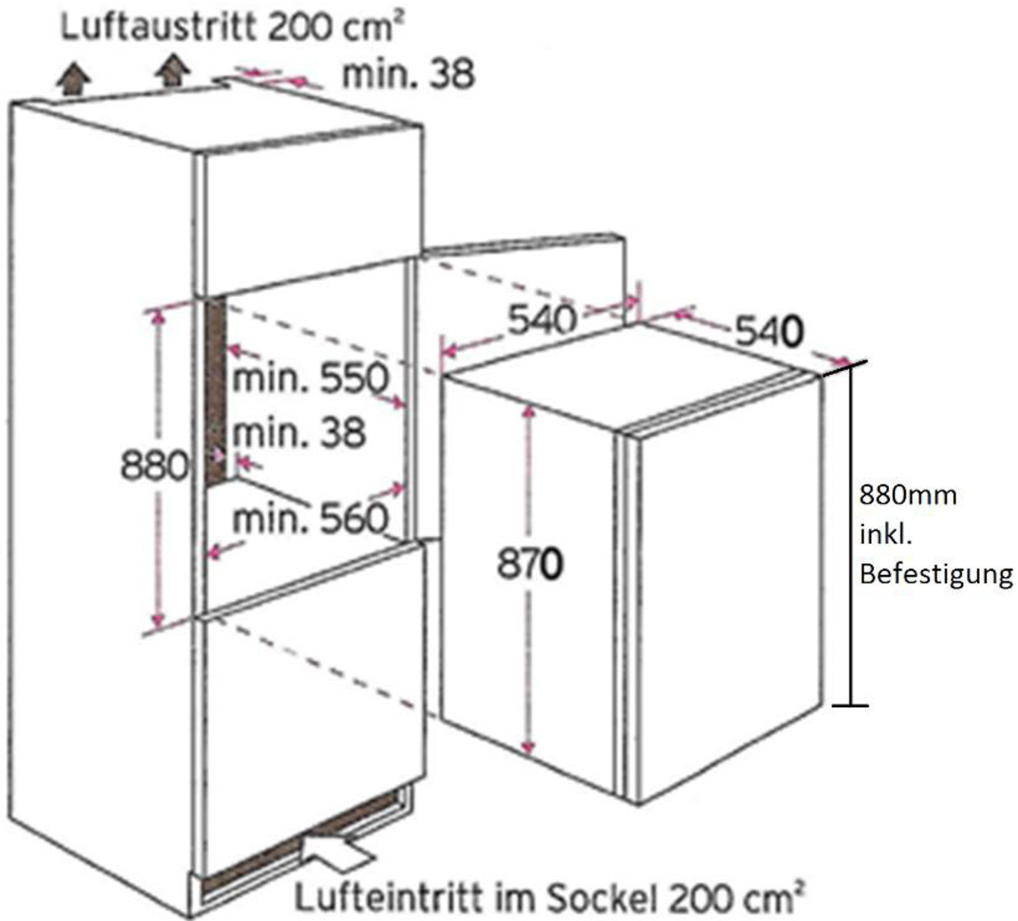 Technische Zeichnung eines Kühl- und Gefrierschranks, mit Abmessungen und Luftstromdetails.