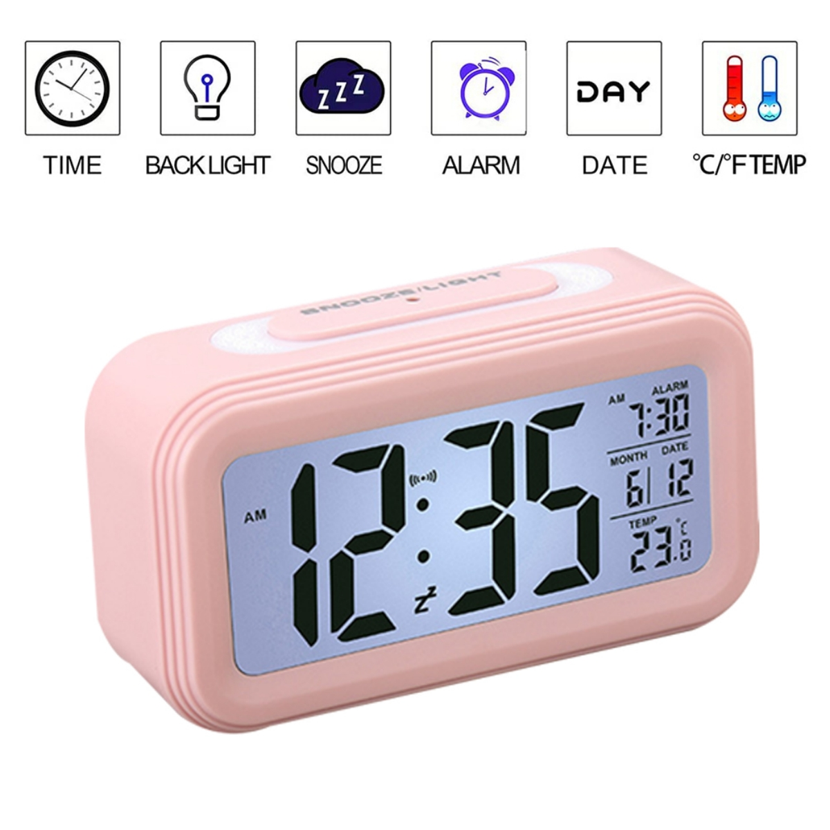 Ein rosa digitaler Wecker mit Uhrzeit, Datum und Temperatur auf dem Bildschirm. Symbole befinden sich darüber.