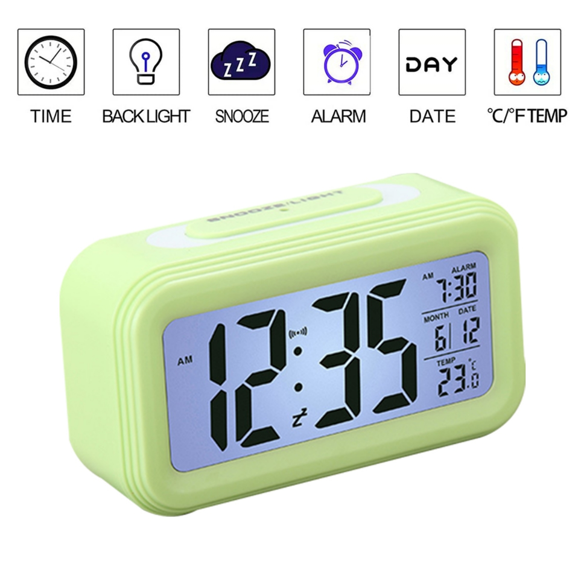 Ein grüner digitaler Wecker mit Anzeige von Zeit, Datum und Temperatur.