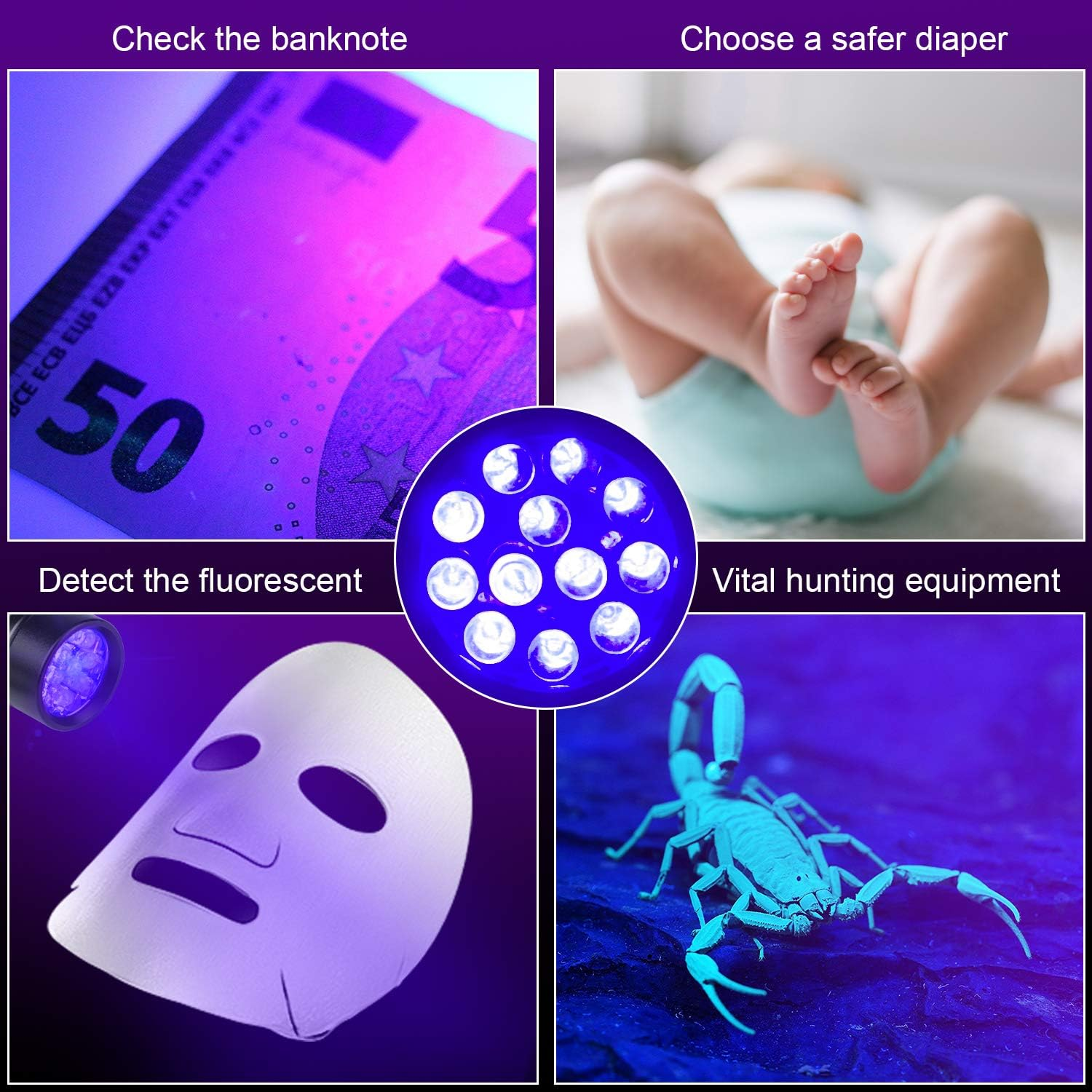 Vier Bilder, die die Verwendung von UV-Licht zeigen: Geldscheine prüfen, Babyfüße, Gesichtsmaske und Skorpion.