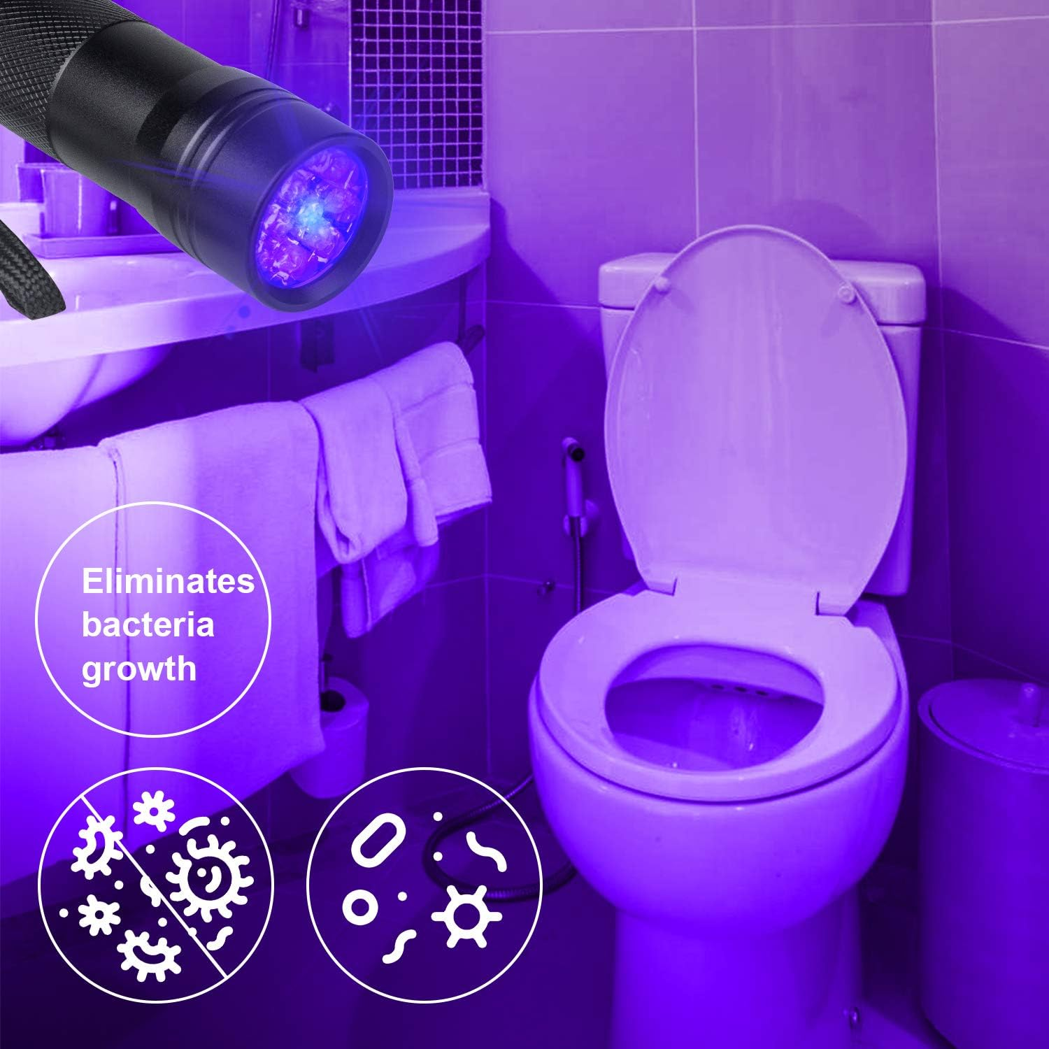 Eine UV-Taschenlampe, die eine Toilette beleuchtet und die Beseitigung von Bakterienwachstum fördert.