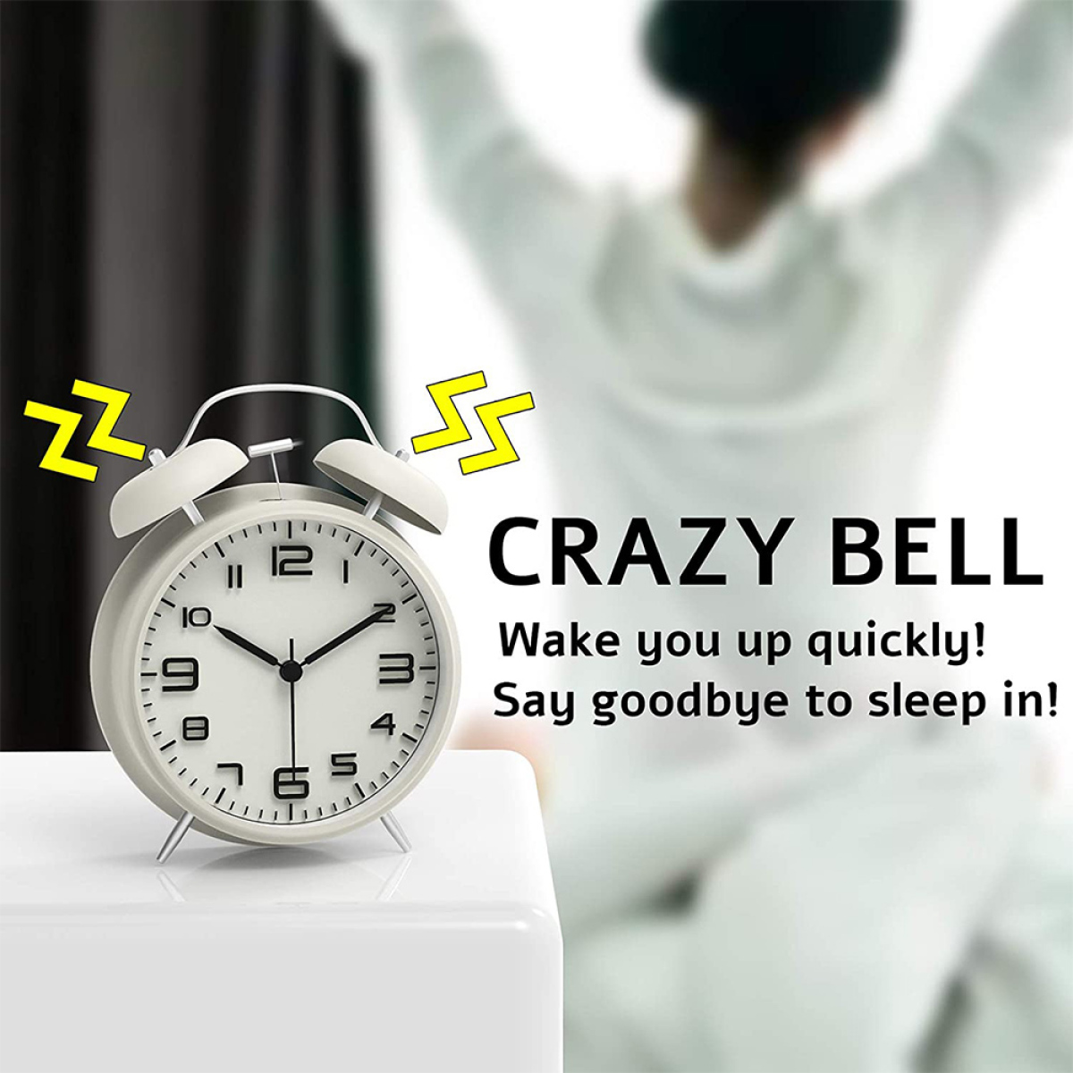 Wecker auf weißer Oberfläche, mit Text 'Crazy Bell'. Verschwommene Person im Hintergrund.