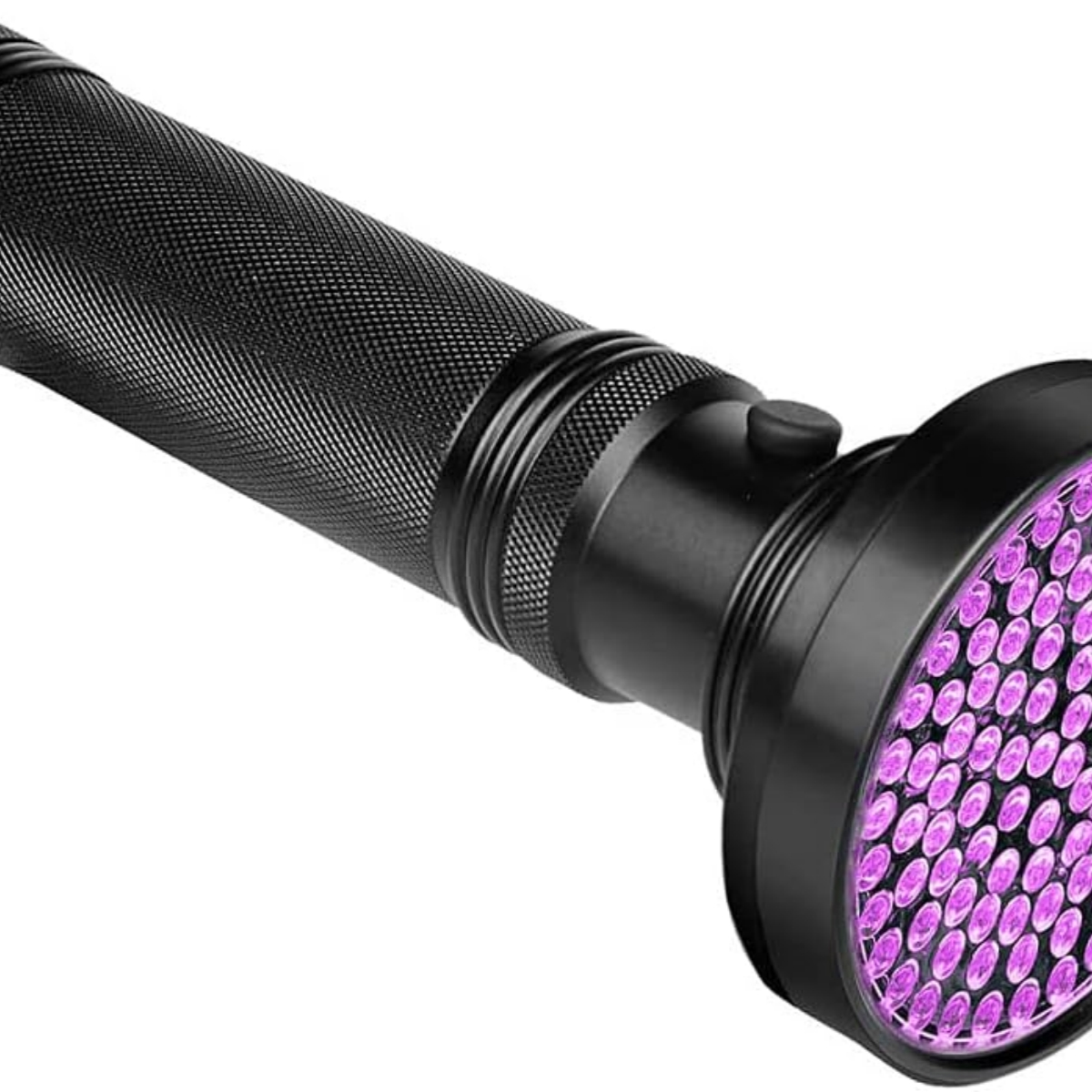 Eine schwarze UV-Taschenlampe mit lila LEDs auf der Vorderseite.