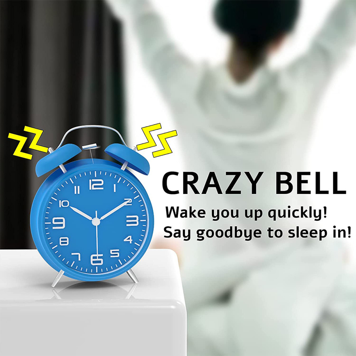 Blauer Crazy Bell Wecker auf weißer Oberfläche, mit Zz's und Blitz.