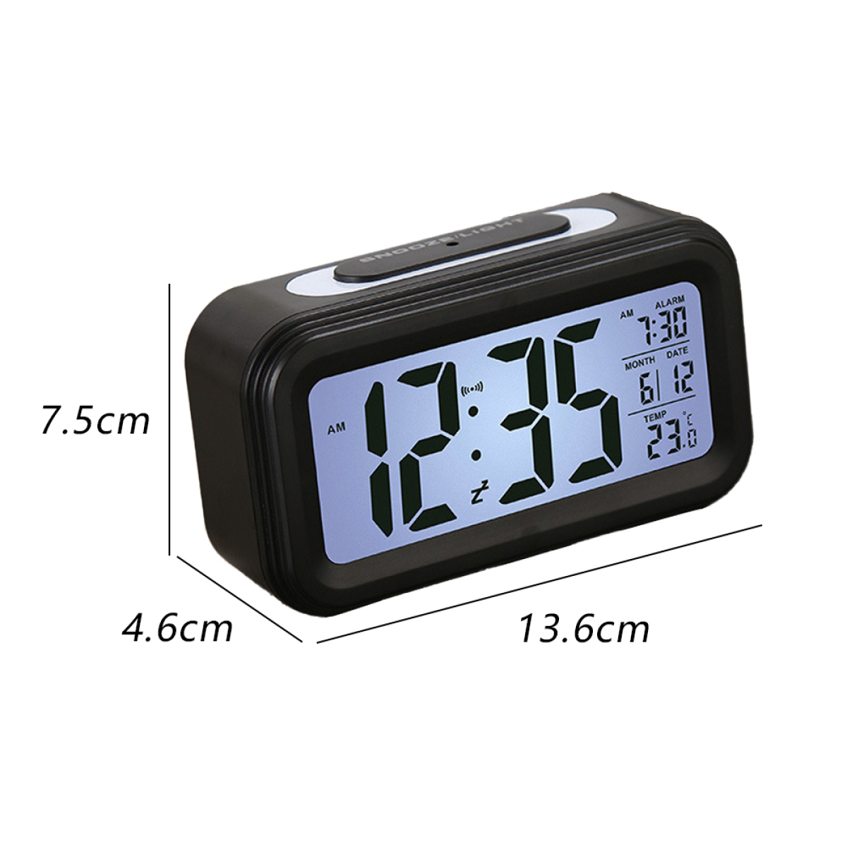 Schwarzer digitaler Wecker mit Anzeige von Uhrzeit, Datum und Temperatur.
