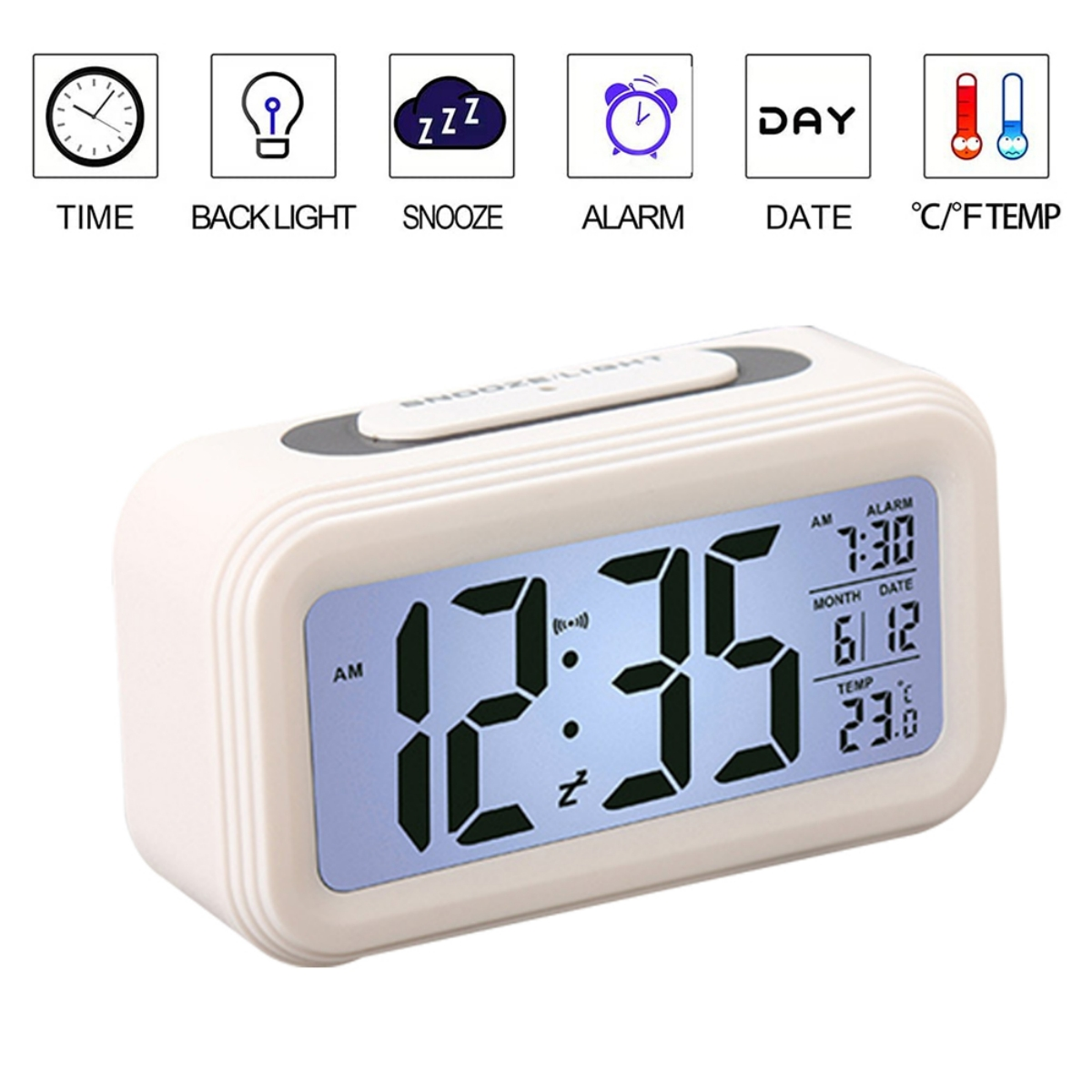 Weißer digitaler Wecker mit blauem Display, das Zeit, Datum und Temperatur zeigt.