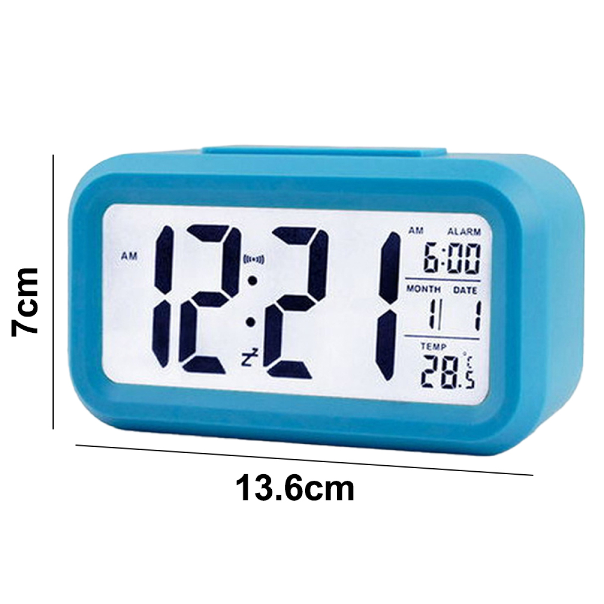 Blauer digitaler Wecker. Die Uhr zeigt Zeit, Datum und Temperatur an, mit Maßangaben.