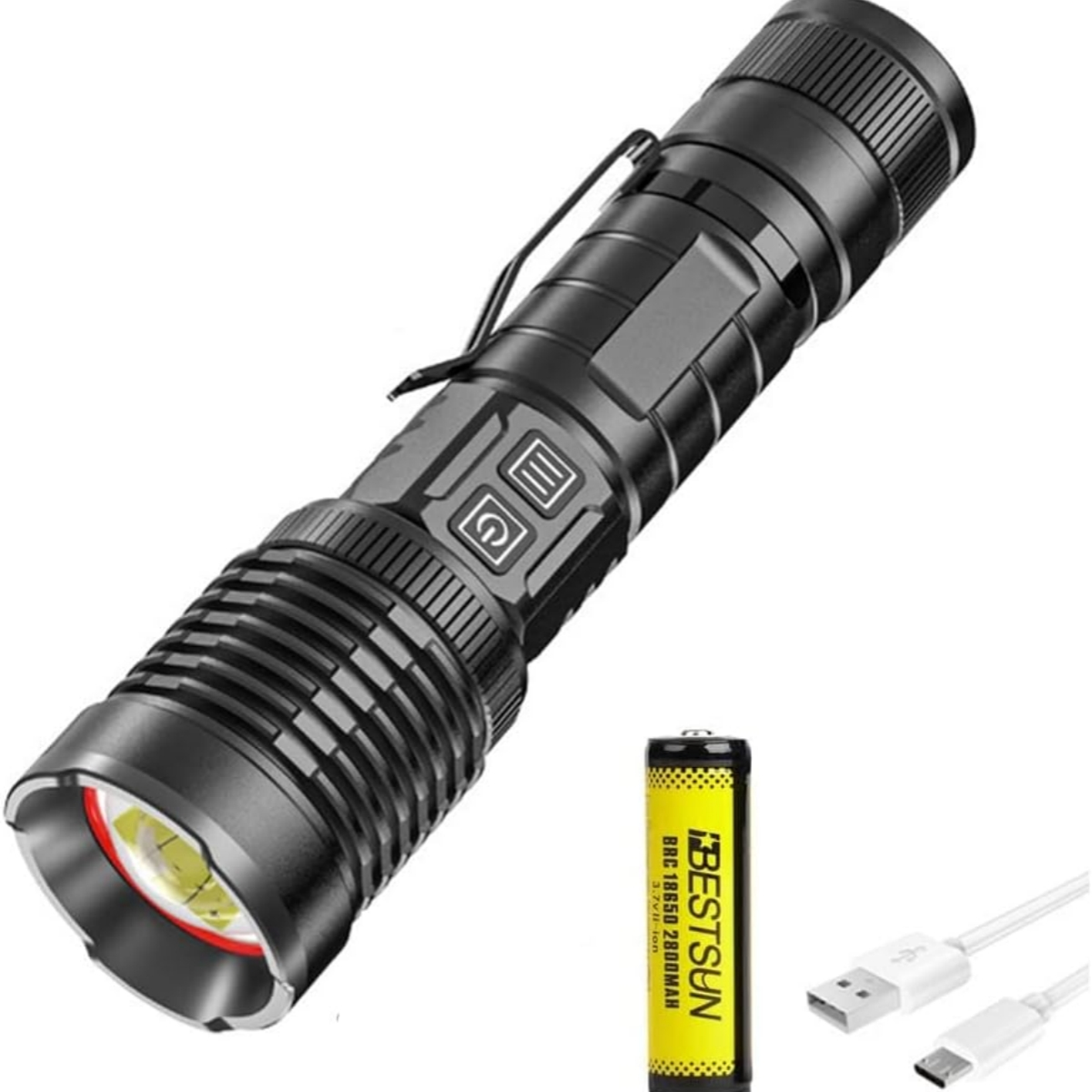 Schwarze Taschenlampe mit gelbem Akku und USB-Kabeln, weißer Hintergrund.